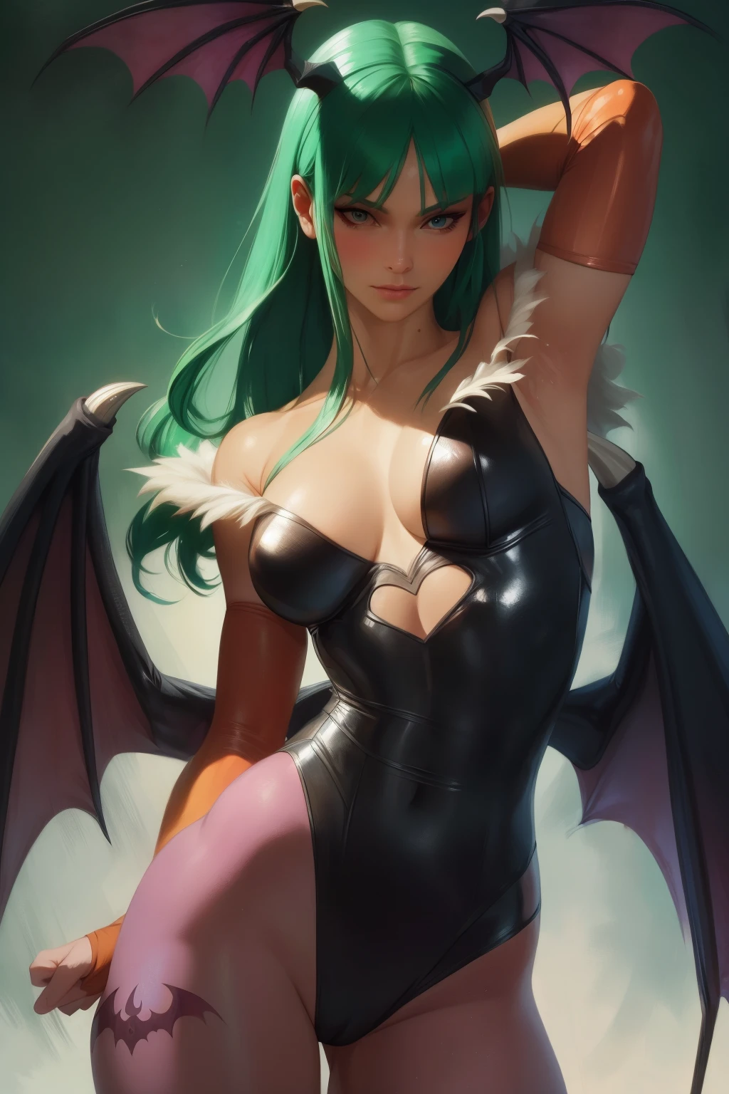 Realistic oil paint of Morrigan Aensland, hot Body, Dynamic sensual pose, soft smile, long green hair, ((Bat wings)), detailed skin Textures, intricate, detailed face, hyperrealistic, realistic light and shadows , cinematic lighting. Dark castle background.