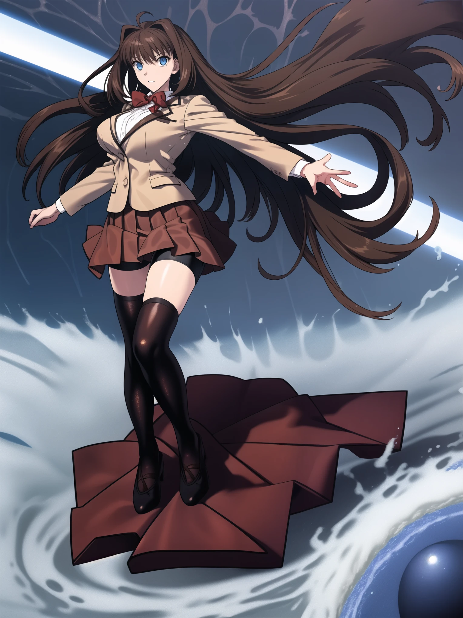 BREAK, centered. BREAK, (EMPTY BACKGROUND), BREAK (masterpiece:1), best quality, high resolution, 8k, illustration, (beautiful detailed eyes:1.5), extremely detailed face, extremely detailed body, CG, perfect hands, perfect anatomy, (((1girl))), ((solo)), ((bbaoko)), ((2 legs max)), ((2 feet max:1.6)), ((swirling vortex shaped longest brown hair:1.5)), (brown longest hair with slightly reddish undertone:1.6), (lush luscious longest brown hair:1.6), (very long voluminous longest brown hair:1.5), serious, blue eyes, red bowtie, (Form-fitting beige blazer:1.5), brown jacket, (highly detailed beautiful face:1.2), (white shirt:1), (well shaped large breasts:1.6), (nice hips:1), (((Umber pleated thigh-high skirt:1.6))), (((black bike shorts:1.4))), (toned thighs:1.6), (jetblack thighhighs:1.6), (strap shoes brown color), (facing front:1.5), ((standing straight:1.5)), ((Fullbody in frame:1.6)), ((Full body:1.5)), ((takeuchi takashi:1.3))