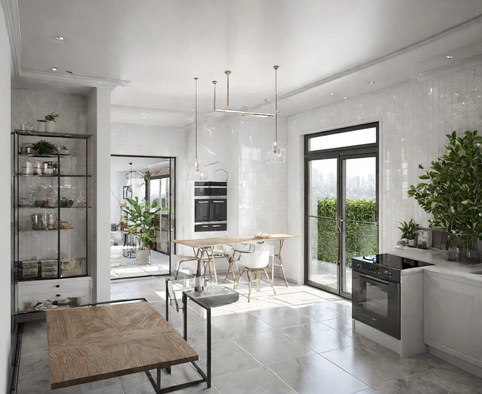 best quality, masterpiece, Interior design, kitchen,3000k, (best quality, masterpiece, high_resolution:1.5),UHD 32K,  CERAMIC TILING FLOOR, sharp detail, main materials white walls, WITH GREY MULLION STEEL FRAME, sky, day, indoors, no humans, window, chair, table, plant,Modern,3d style, ((WHITE CEILING : 1.1)),