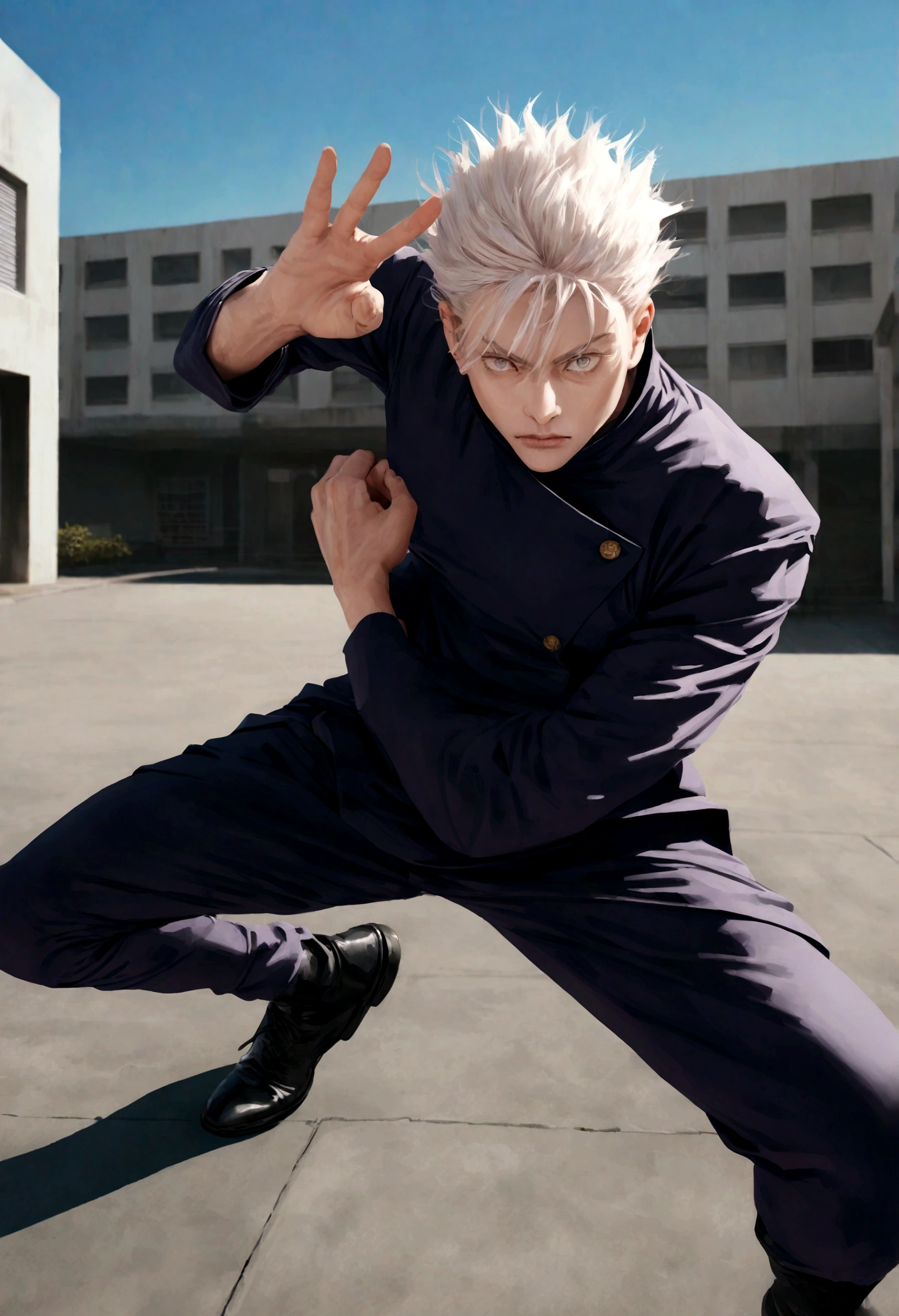 gojo satoru from the jujutsu kaisen universe, powerful, imposing, combat pose, high school compound, photorealistic