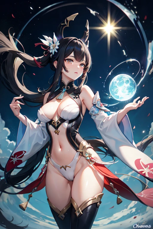 1 garota, roupas japonesas, rabo de cavalo ,cabelo branco, olhos roxos, magic circle, fogo azul, chamas azuis, papel de parede, paisagem, sangue, sangue splatter, profundidade de campo, noite, light particles, raios de luz, side lighting, coxas, destino \(Series\), impacto genshin, jaqueta aberta, saia, coxas, nuvem