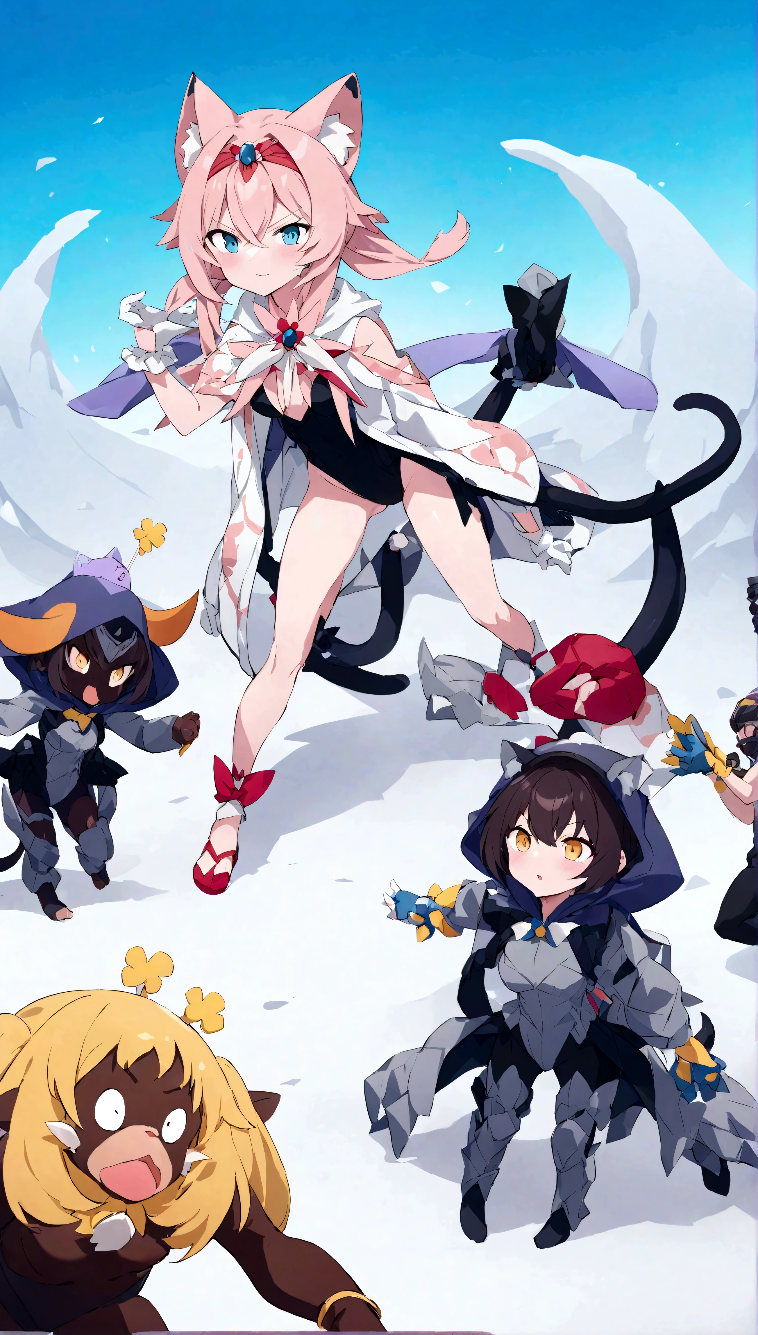 with high definition images，A frenzied battle unfolds。Blossom、Bubbles、Buttercup、Hooded headpiece、Black leotard、Accessories such as tails that swirl and dance with the heat of the volcano.、Wearing vibrant cat-themed costumes。In the midst of confusion、A mischievous monkey dressed in a mad scientist's white coat、Throwing bananas at the girls violently。The lava-lit battlefield、Illuminating their determined expressions and fierce energy in battle、