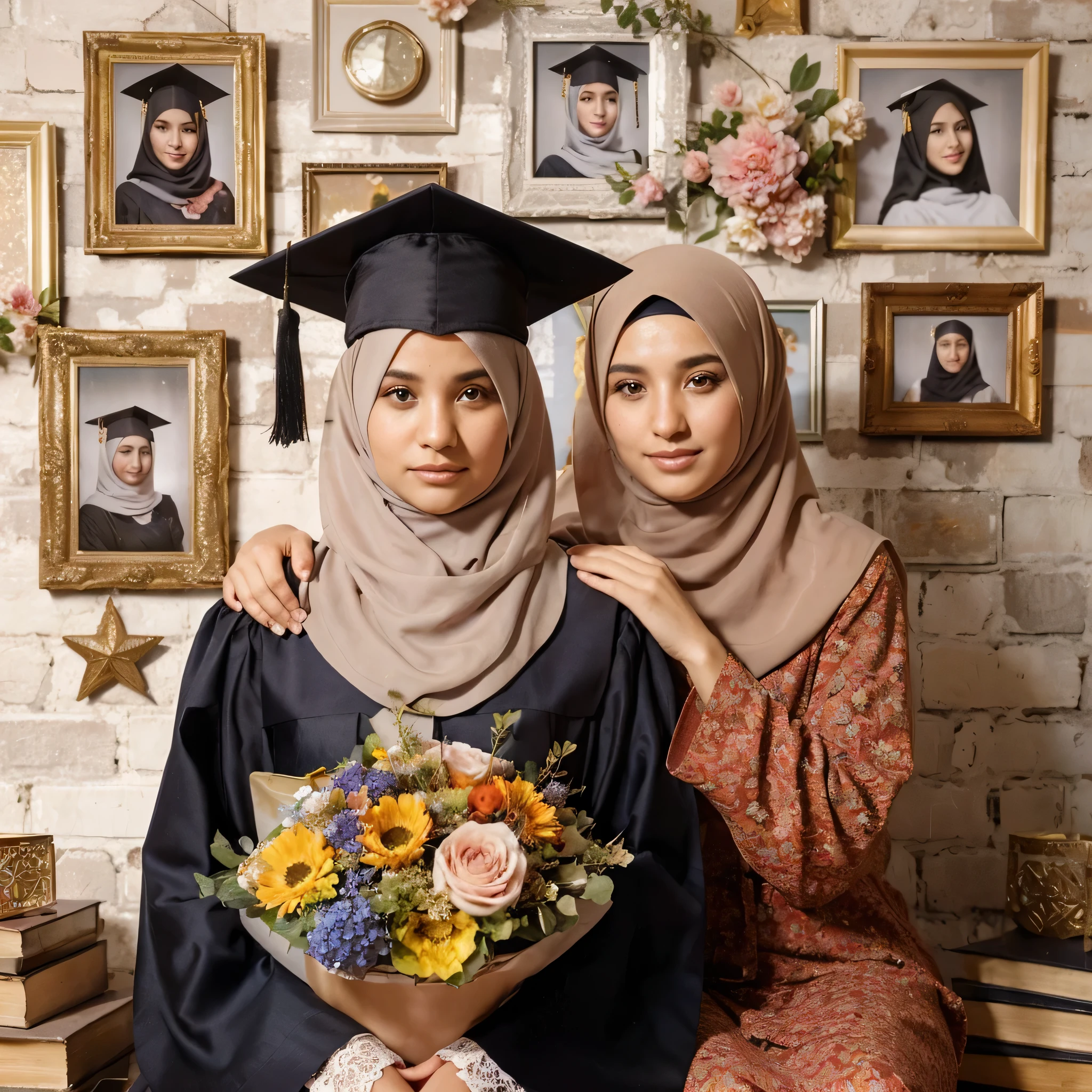 A graduation picture of a 19-year-old girl wearing a hijab, sittdown next to a 37-year-old mother also wearing a hijab. The picture captures their entire bodies against the backdrop of a photo studio adorned with various frames and flower pots, (masterpiece), (high quality), extremely details, photographs