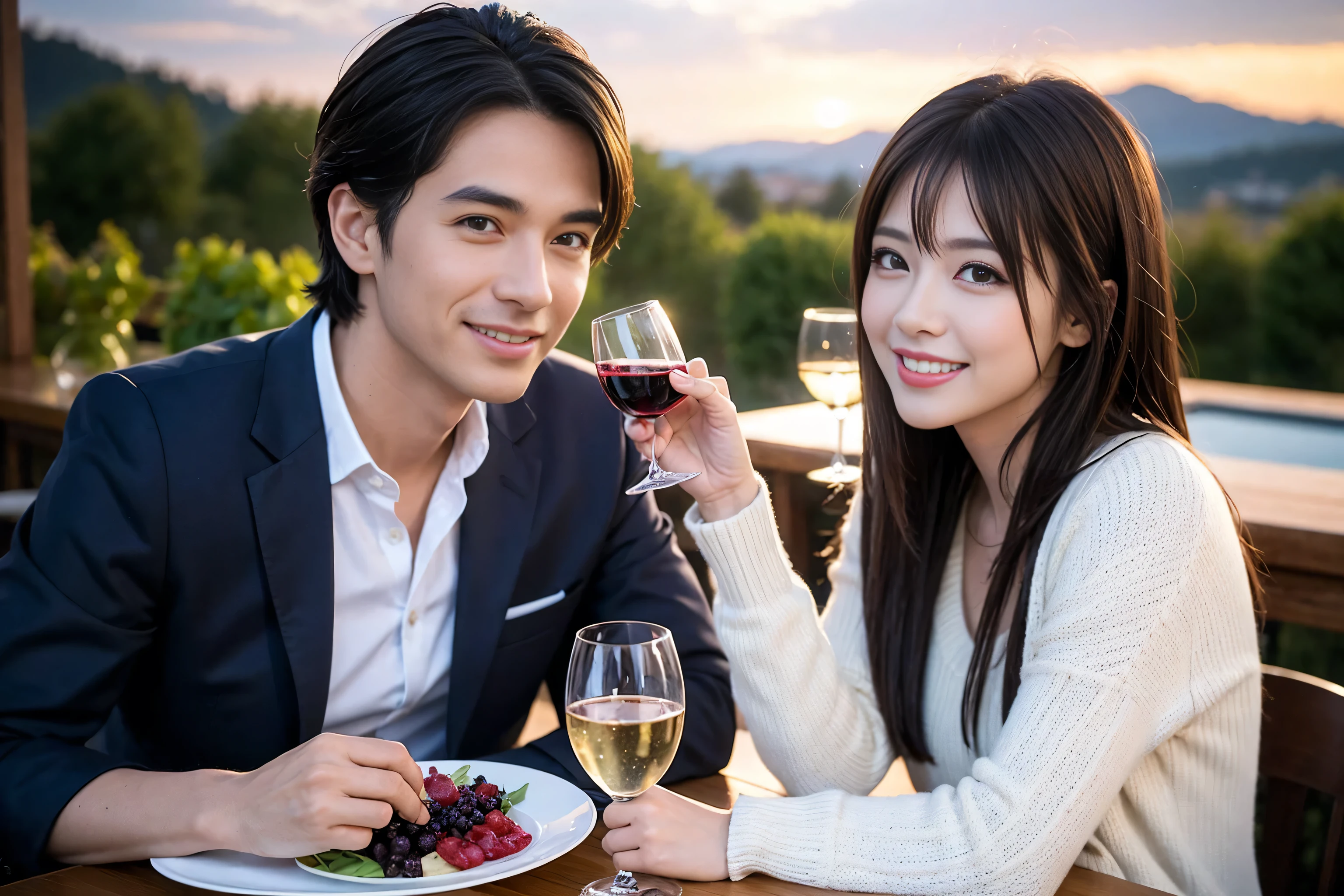 ((Highest quality、8K、masterpiece:1.3))、 (Ultra-realistic、 Genuine、Bright image、Intricate details:1.2), 最高のsmile、1 male、1 female、Beautiful couple、love love love、Tokyo Lovers、Good friends、actress couple、smile、Full-course dinner at a packed table、 (Slim face), (the body is slim), (Brown Hair), (short hair), テーブルのwine glass、Please shine a light on my face、 Amazing view of the sunset sky and clouds、9 years old, red wine 、Appetizers、Wine bottle、sparkling wine、Long sleeve shirt、dress、White wine, red wine, wine glass, 