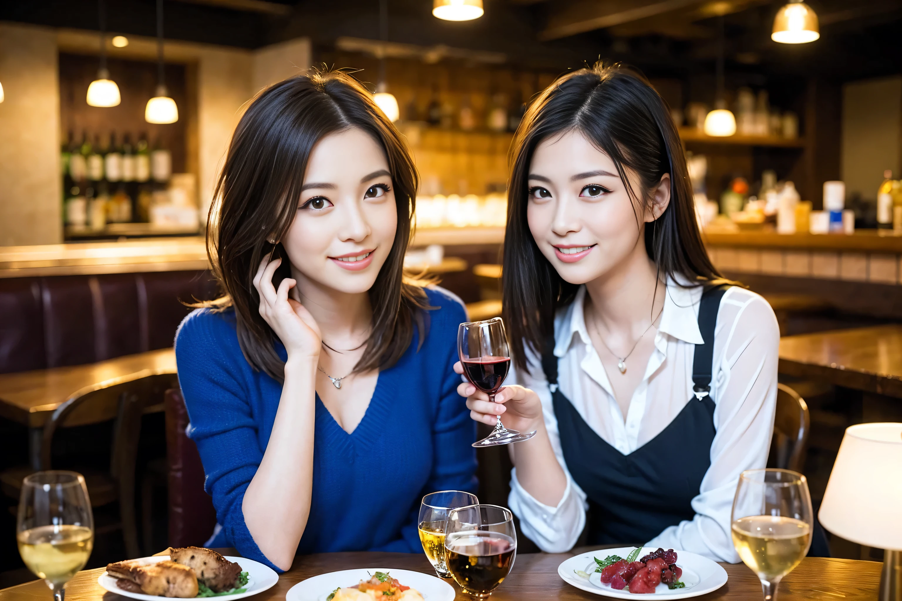 ((highest quality、8k、masterpiece:1.3))、1 male 1 female、Hirose Alice lookalike couple、Lovers、beautiful couple、Happy Smile、 (Slim face), (The body is スリム), (Brown Hair), (Shortcuts), ((Bob Hale、Straight hair:1.2)), Wine glass on the table、Please put light on my face、 Amazing view of the sunset sky and clouds、Amazing mountain views、The wonderfulness of smiles、Bright image、Blushing, Shortcuts,Bright Face、 (Age 37), 39 years old, red wine 、Appetizers、Italian food、Wine bottle、Champagne、sparkling wine、Long sleeve shirt、dress、Attractive beauty、restaurant, Nova Frog Style, actress, model, Upper Body, White wine, red wine, wine glass, 