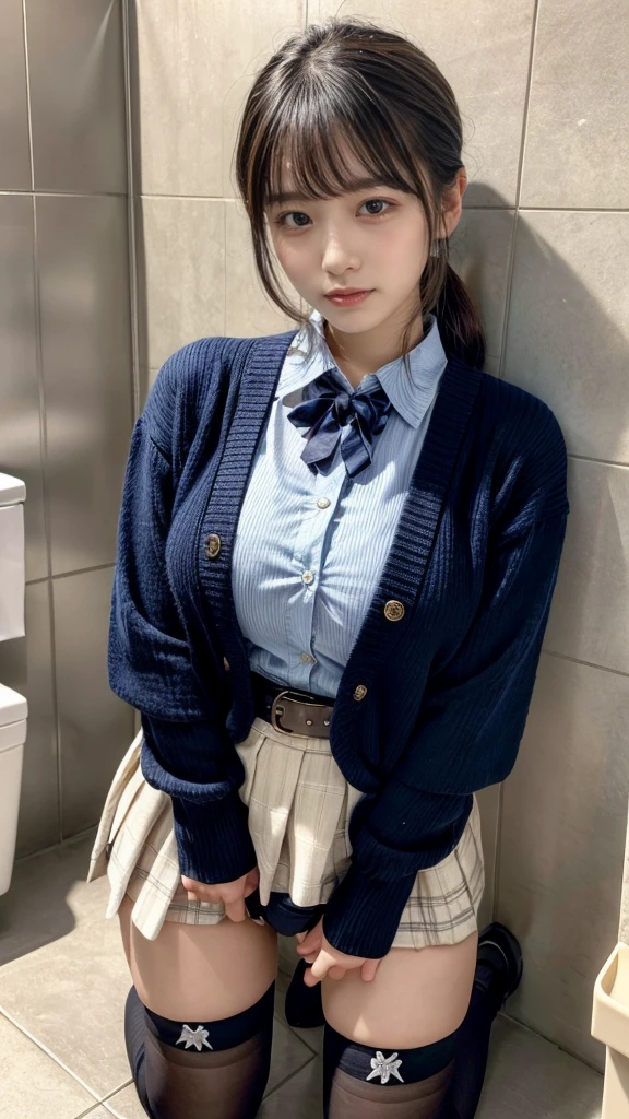 masterpiece, best quality, illustration, Super detailed, fine details, High resolution, 8K,wall paper, perfect dynamic composition,(Details High quality, realistic depiction of eyes:1.3), High School Classroom、(Toilet cubicles:1.2), (urinal)、Cardigan、Super Short Check Uniform Skirt、Navy blue high socks、garterbelts、Colossal tits、Disturbed uniform、low ponytail, black hair color, sexy pose, on all fours, Big Natural Color Lip, bold sexy pose, (perfect body shape), crying a little、cold gaze, Harajuku style、20 year old girl、cute type, beautiful legs, hposing Gravure Idol, Voluptuous thighs