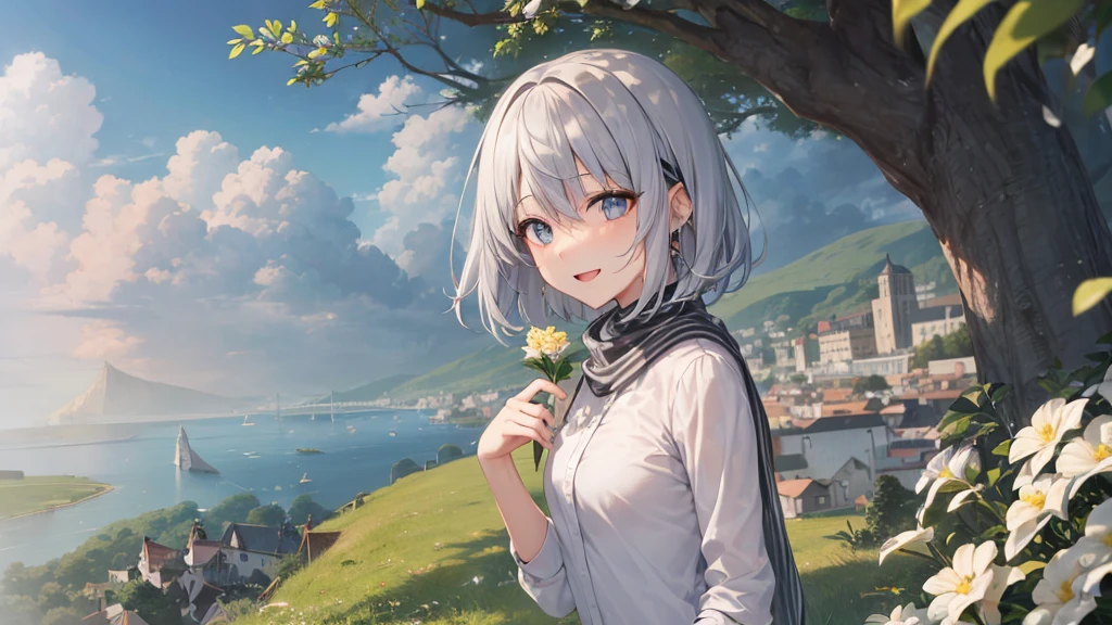 Her eyes were shining、Mysterious and enchanting atmosphere。With AI Painting、とてもShort Hair, Long bangs between the eyes, Grey Eyes , Very detailed,(masterpiece、highest quality)、alone、Gray Hair、Fantasy, Silver Hair, Beautiful Eyes,Ecstasy, charm, attract the audience, Fantasyな風景、White shirt、smile、Open your mouth、Scarf、short hair、Short Hair、hairpin、Dark Eyes