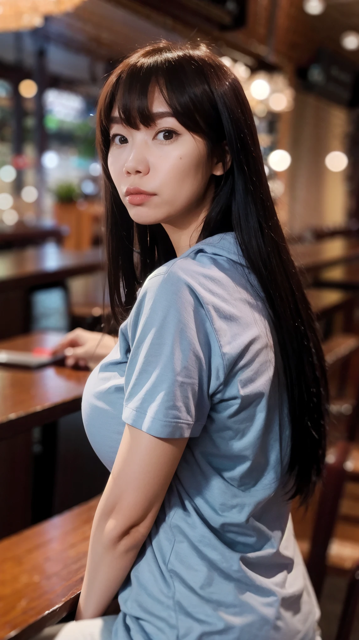 (masterpiece, best quality:1.2), 1girl, Asian, ParewaFace, black long hair, bangs hair, solo, gigantic breasts, (eyes level), wearing black hoodie, sitting in restaurant, blurry background, bokeh