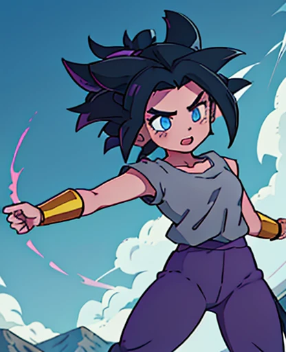 Anime, girl from dragon ball kefla, woman, short black hair, grey fox ears, purple clip in the front of the hair, blue eyes, in the mouth the fang on the left side stands out, a grey fox tail with a white tip, thin body without much chest, cold blouse, blue sleeves and the rest grey, yellow shirt, legging trousers  