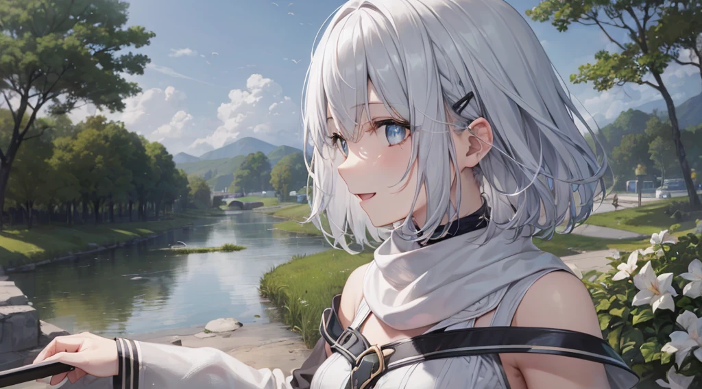 Her eyes were shining、Mysterious and enchanting atmosphere。With AI Painting、とてもShort Hair, Long bangs between the eyes, Grey Eyes , Very detailed,(masterpiece、highest quality)、alone、Gray Hair、Fantasy, Silver Hair, Beautiful Eyes,Ecstasy, charm, attract the audience, Fantasyな風景、White shirt、smile、Open your mouth、Scarf、short hair、Short Hair、hairpin、Dark Eyes