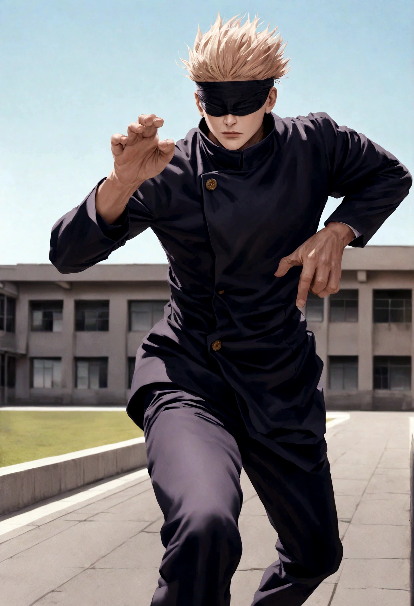 gojo satoru from the jujutsu kaisen universe, blindfolded with black cloth, powerful, imposing, combat pose, high school compound, photorealistic