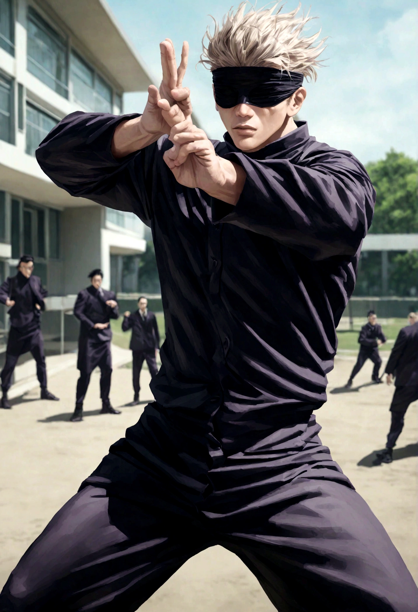 gojo satoru from the jujutsu kaisen universe, blindfolded with black cloth, powerful, imposing, combat pose, high school compound, photorealistic