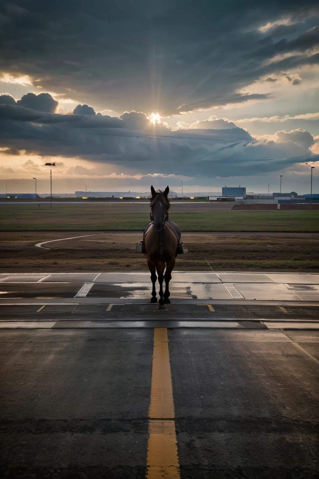 horse standing on a long, concrete landing runway, (best quality,4k,8k,highres,masterpiece:1.2),ultra-detailed,(realistic,photorealistic,photo-realistic:1.37), dramatic lighting, cinematic composition, dramatic sky, dramatic clouds, detailed fur texture, airport, industrial setting, abandoned airfield