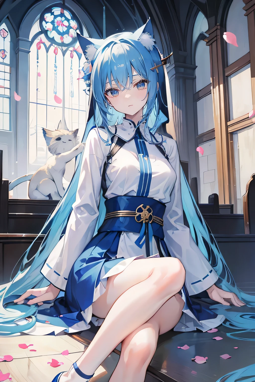 (masterpiece:1.2),Extremely detailed,Practical,expressive eyes,Fair skin,Perfect face shaping,1 Girl,
Japanese cartoons,Gorgeous blue hair, the long flowing blue hair,Floating clothes,Cat ears,Petals fall,beautiful lola,Young Angel,
Place your hands on your waist,sit elegantly on the ground,Cross your legs,Gentle and peaceful background,church,Nun&#39;s Clothes,back view,lie on the water,Large Breasts, H Cup, Good breasts, Place your hands on your waist,beautiful, Gorgeous,Japanese cartoons,girl,Lola,Hina Angel, Blue Hair, Blue Haired,Tent breasts, tent box, tent chest, Floating clothes,Grab your waist, Grab your waist, Hands on Hips , hands on hips,sit, sit on ground, Legs on the ground. 