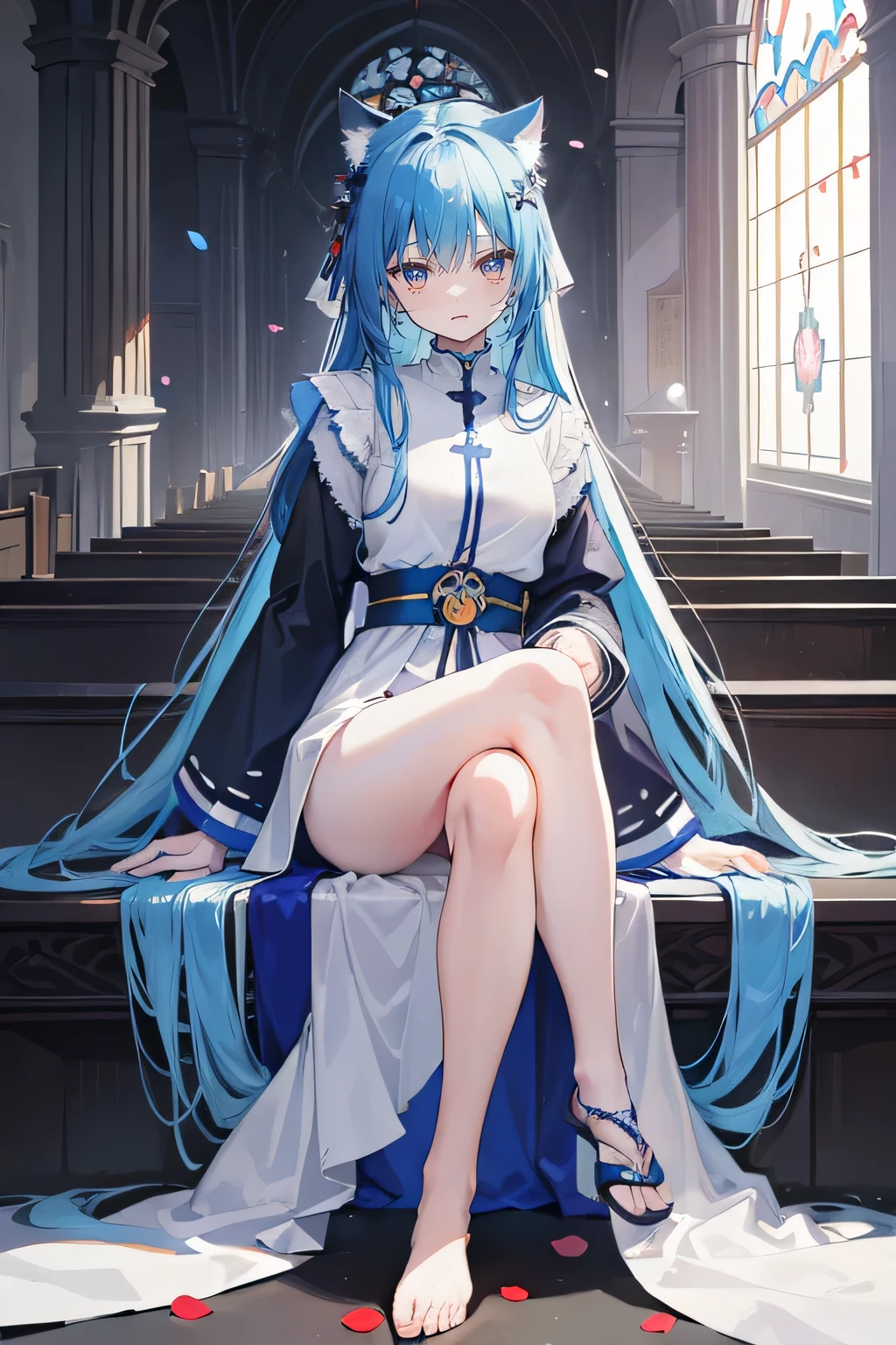 (masterpiece:1.2),Extremely detailed,Practical,expressive eyes,Fair skin,Perfect face shaping,1 Girl,
Japanese cartoons,Gorgeous blue hair, the long flowing blue hair,Floating clothes,Cat ears,Petals fall,beautiful lola,Young Angel,
Place your hands on your waist,sit elegantly on the ground,Cross your legs,Gentle and peaceful background,church,Nun's Clothes,back view,lie on the water,Large Breasts, H Cup, Good breasts, Place your hands on your waist,beautiful, Gorgeous,Japanese cartoons,girl,Lola,Hina Angel, Blue Hair, Blue Haired,Tent breasts, tent box, tent chest, Floating clothes,Grab your waist, Grab your waist, Hands on Hips , hands on hips,sit, sit on ground, Legs on the ground.