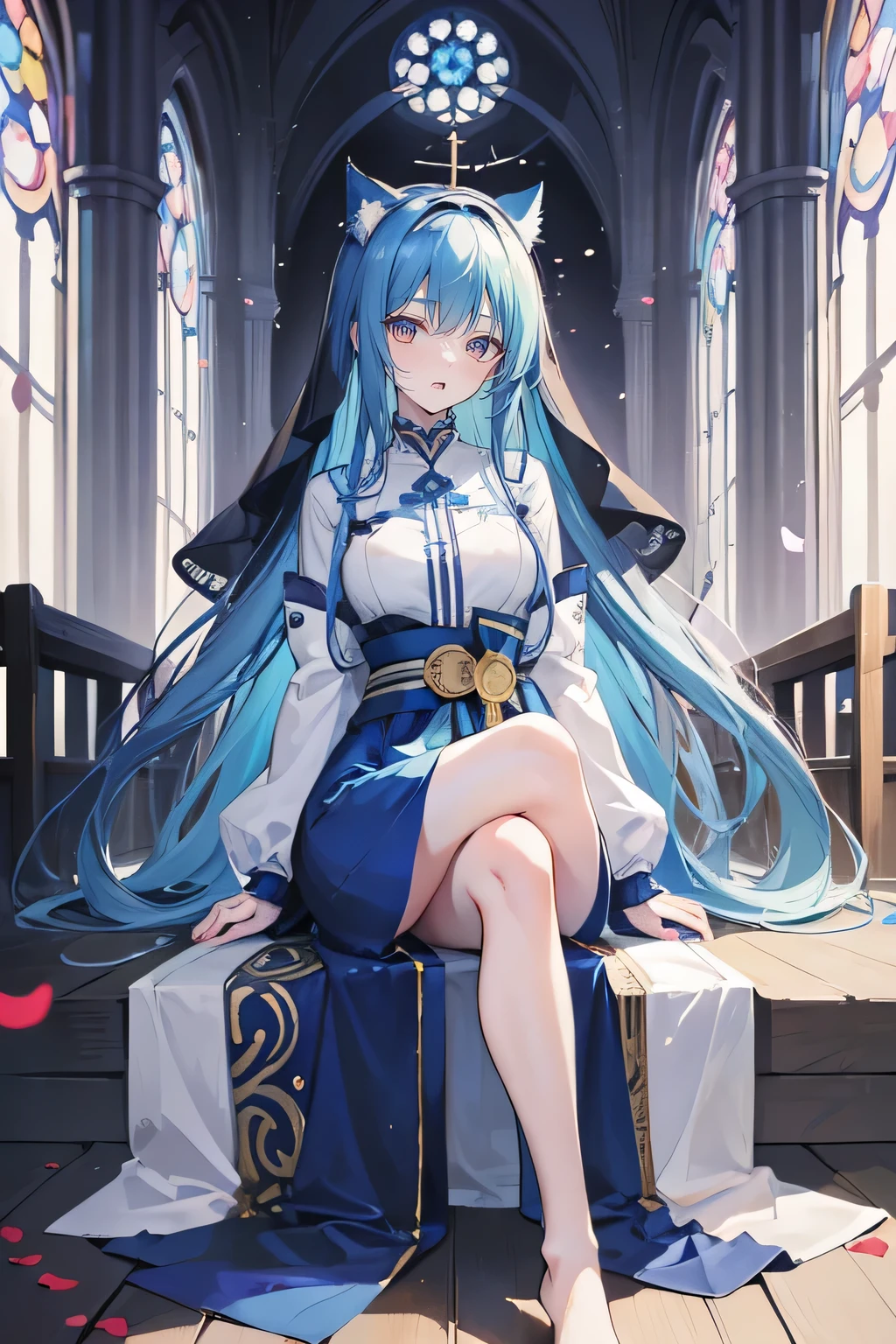 (masterpiece:1.2),Extremely detailed,Practical,expressive eyes,Fair skin,Perfect face shaping,1 Girl,
Japanese cartoons,Gorgeous blue hair, the long flowing blue hair,Floating clothes,Cat ears,Petals fall,beautiful lola,Young Angel,
Place your hands on your waist,sit elegantly on the ground,Cross your legs,Gentle and peaceful background,church,Nun's Clothes,back view,lie on the water,Large , H Cup, Good , Place your hands on your waist,beautiful, Gorgeous,Japanese cartoons,girl,Lola,Hina Angel, Blue Hair, Blue Haired,Tent , tent box, tent , Floating clothes,Grab your waist, Grab your waist, Hands on  , hands on hips,sit, sit on ground, Legs on the ground. 