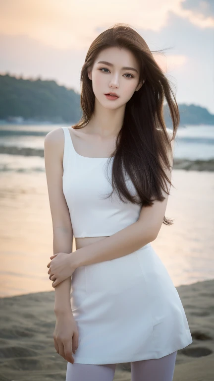 (masterpiece:1.3), (8K, Realism, original photography, Top image quality: 1.4), (lifelike, high resolution:1.3), 1 girl with a perfect figure, The face shape and eyes are super beautiful,full-body shot,Long hair, Short skirt,White tights:1.4, Small chest, Beach background