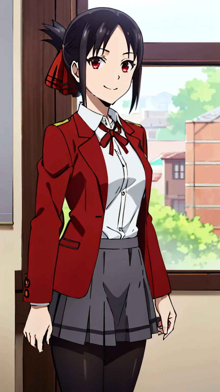 (best quality, masterpiece, 8k:1.2), detailed,
shinomiya kaguya,1girl, solo, light smile,
black hair, red eyes, short hair, folded ponytail, hair ribbon, red ribbon,((uniform, red jacket), a red blazer with black trim on the cuffs and under the collar, a white button-up dress shirt and black tie, a black and gray plaid miniskirt, black tights, and brown loafers, smile),
standing, looking at the viewer, medium breasts, ((cowboy shot)),