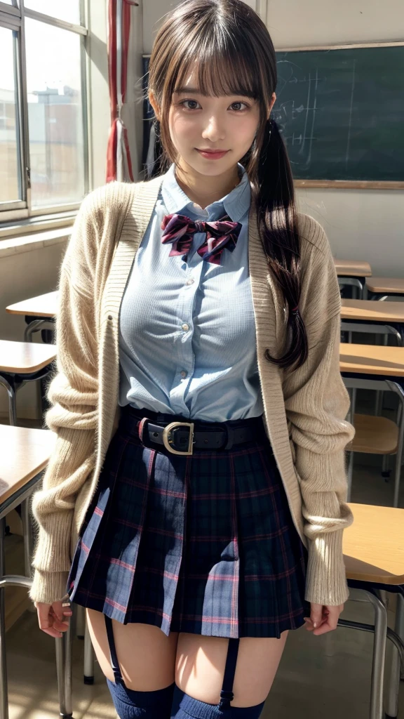 masterpiece, best quality, illustration, Super detailed, fine details, High resolution, 8K,wall paper, perfect dynamic composition,(Details High quality, realistic depiction of eyes:1.3), High School Classroom、High school girl uniform、Cardigan、Super Short Check Uniform Skirt、Navy blue high socks、garterbelts、Colossal tits、Disturbed uniform、low ponytail, black hair color, Big Natural Color Lip, bold sexy pose, (perfect body shape), crying a little、 Harajuku style、20 year old girl、cute type, beautiful legs, hposing Gravure Idol