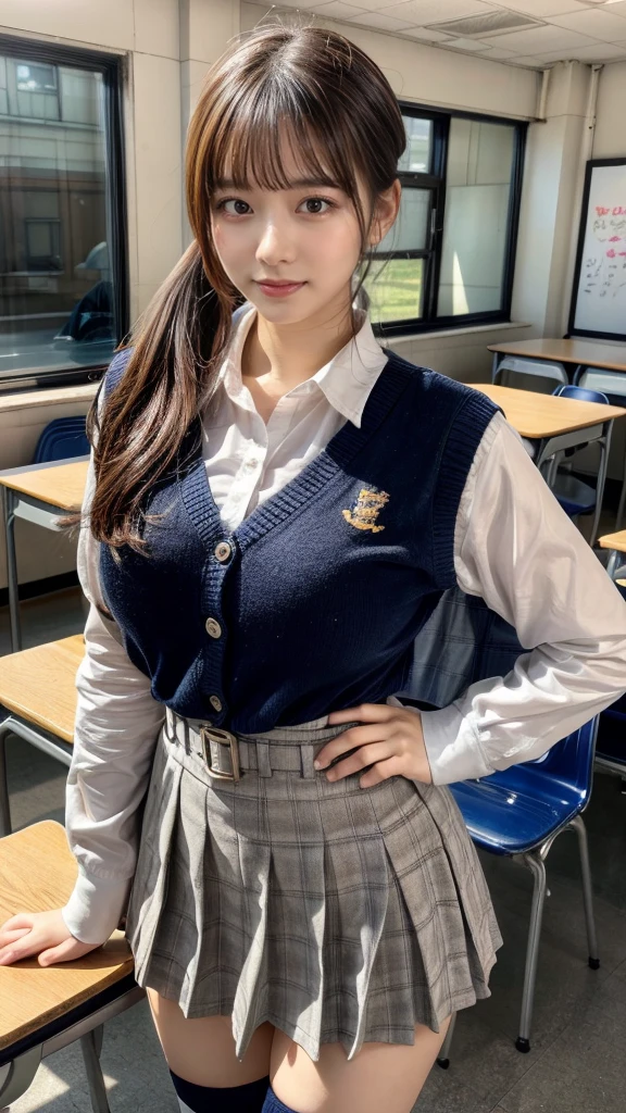 masterpiece, best quality, illustration, Super detailed, fine details, High resolution, 8K,wall paper, perfect dynamic composition,(Details High quality, realistic depiction of eyes:1.3), High School Classroom、High school girl uniform、Cardigan、Super Short Check Uniform Skirt、Navy blue high socks、garterbelts、Colossal tits、Disturbed uniform、low ponytail, black hair color, Big Natural Color Lip, bold sexy pose, (perfect body shape), crying a little、 Harajuku style、20 year old girl、cute type, beautiful legs, hposing Gravure Idol