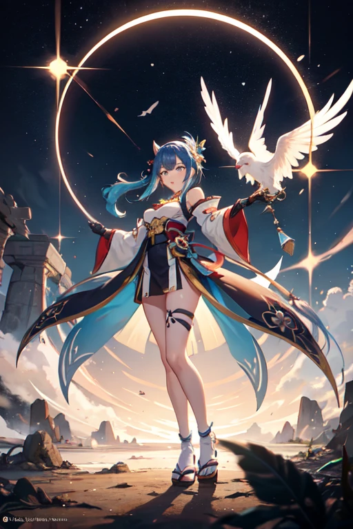 1 garota, roupas japonesas, rabo de cavalo ,cabelo branco, olhos roxos, magic circle, fogo azul, chamas azuis, papel de parede, paisagem, sangue, sangue splatter, profundidade de campo, noite, light particles, raios de luz, side lighting, coxas, destino \(Series\), impacto genshin, jaqueta aberta, saia, coxas, nuvem