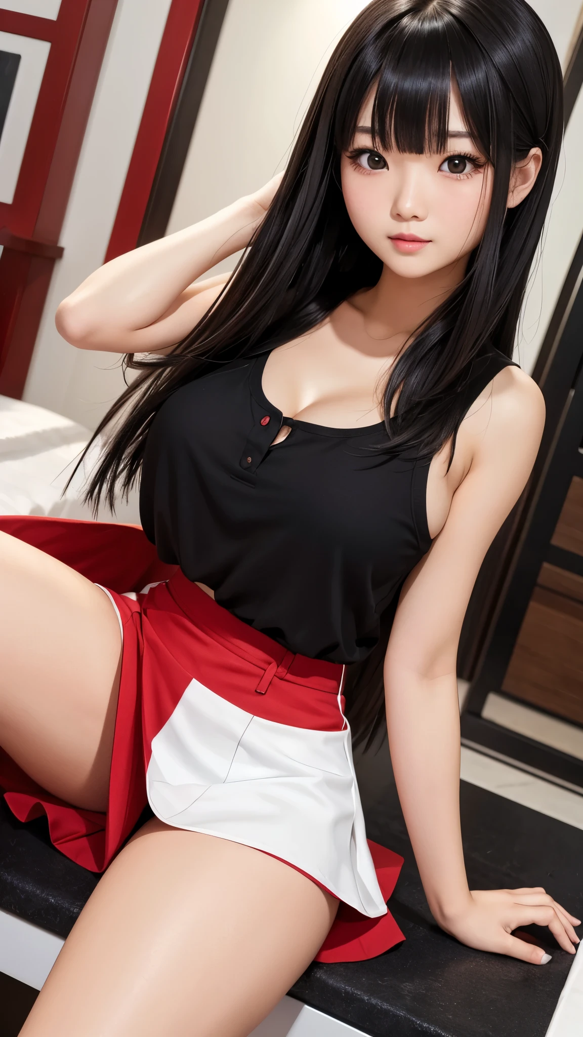 Detailed face、highlight、Asian Girl、thigh、breast enhancement、black髪、Heavy bangs、skirt、red、black、white