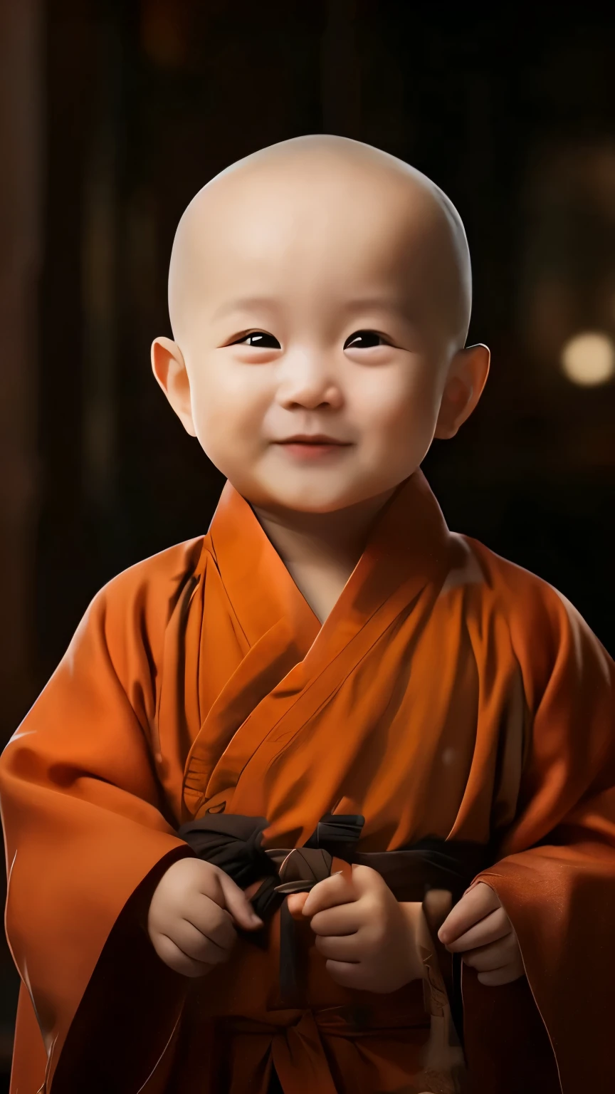 Close-up of a bald man in a robe, Cute numbers, Monk clothes, ancient japanese Monk, High quality portrait, buddhist Monk, portrait of Monk, Buddhist, Monk, Wearing a brown robe, Portrait shooting, Lovely portrait, 2 1 st century Monk, Wearing a simple robe, cute boy, Innocent smile, Chinese traditional, strict, Wearing flowing robes