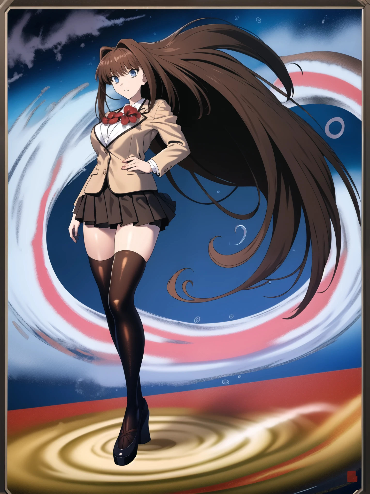 BREAK, centered. BREAK, (EMPTY BACKGROUND), BREAK (masterpiece:1), best quality, high resolution, 8k, illustration, (beautiful detailed eyes:1.5), extremely detailed face, extremely detailed body, CG, perfect hands, perfect anatomy, (((1girl))), ((solo)), ((bbaoko)), ((2 legs max)), ((2 feet max:1.6)), ((swirling vortex shaped longest brown hair:1.5)), (brown longest hair with slightly reddish undertone:1.6), (lush luscious longest brown hair:1.6), (very long voluminous longest brown hair:1.5), serious, blue eyes, red bowtie, (Form-fitting beige blazer:1.5), brown jacket, (highly detailed beautiful face:1.2), (white shirt:1), (well shaped large breasts:1.6), (nice hips:1), (((Umber pleated thigh-high skirt:1.6))), (((black bike shorts:1.4))), (toned thighs:1.6), (jetblack thighhighs:1.6), (strap shoes brown color), (facing front:1.5), ((standing straight:1.5)), ((Fullbody in frame:1.6)), ((Full body:1.5)), ((takeuchi takashi:1.3))