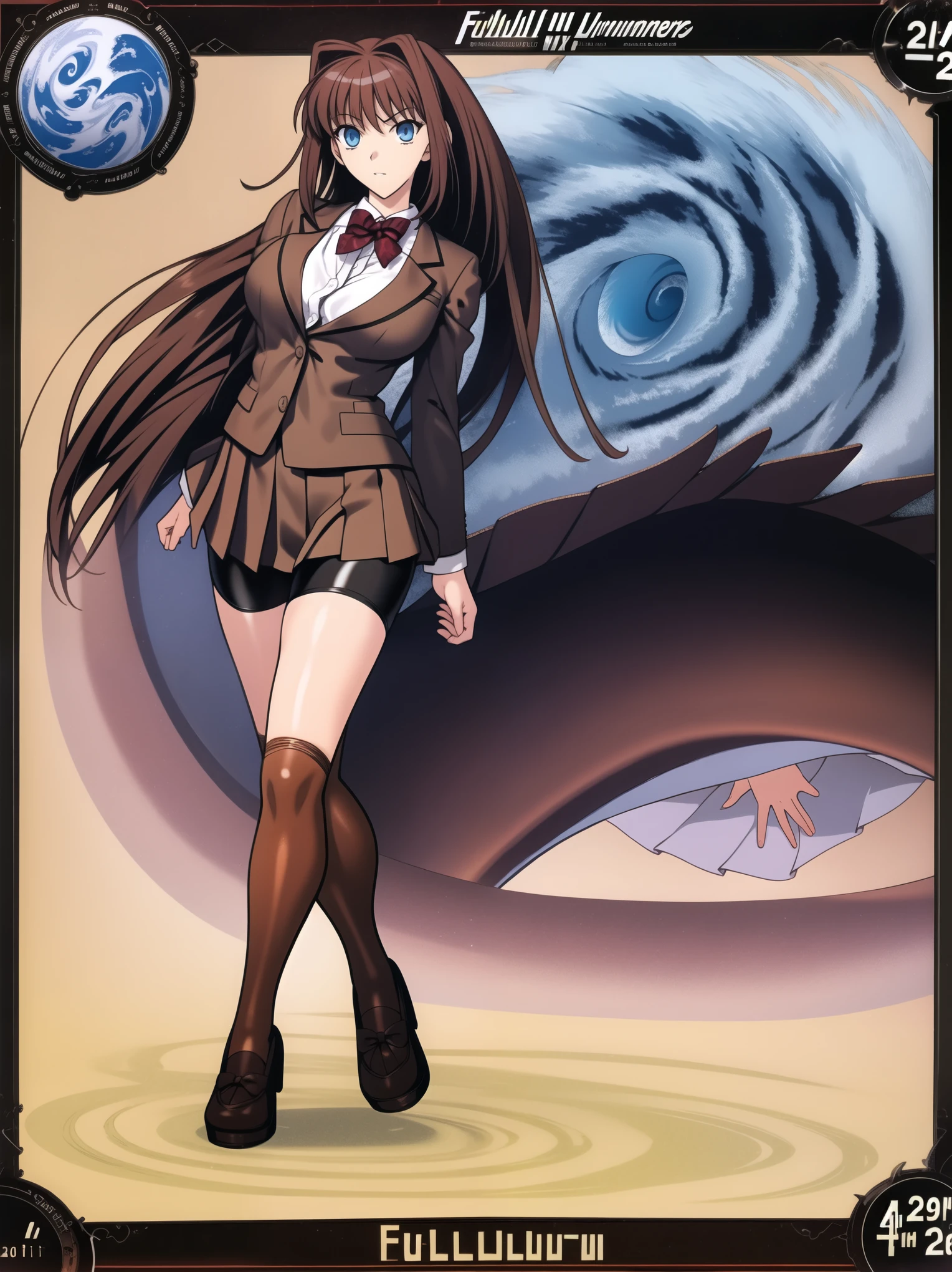 BREAK, centered. BREAK, (EMPTY BACKGROUND), BREAK (masterpiece:1), best quality, high resolution, 8k, illustration, (beautiful detailed eyes:1.5), extremely detailed face, extremely detailed body, CG, perfect hands, perfect anatomy, (((1girl))), ((solo)), ((bbaoko)), ((2 legs max)), ((2 feet max:1.6)), ((swirling vortex shaped longest brown hair:1.5)), (brown longest hair with slightly reddish undertone:1.6), (lush luscious longest brown hair:1.6), (very long voluminous longest brown hair:1.5), serious, blue eyes, red bowtie, (Form-fitting beige blazer:1.5), brown jacket, (highly detailed beautiful face:1.2), (white shirt:1), (well shaped large breasts:1.6), (nice hips:1), (((Umber pleated thigh-high skirt:1.6))), (((black bike shorts:1.4))), (toned thighs:1.6), (jetblack thighhighs:1.6), (strap shoes brown color), (facing front:1.5), ((standing straight:1.5)), ((Fullbody in frame:1.6)), ((Full body:1.5)), ((takeuchi takashi:1.3))