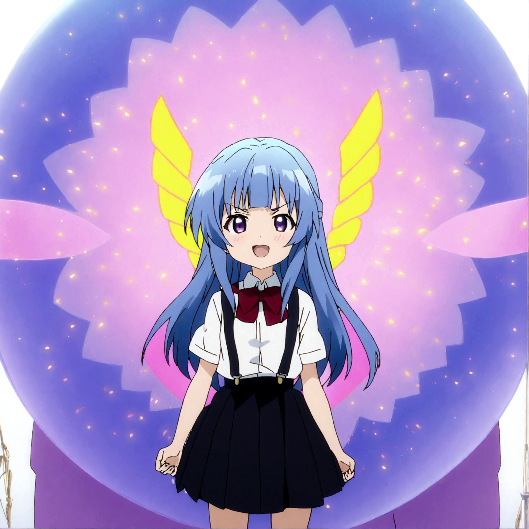 score_9,score_8, score_8_up, BREAK 1girl, solo, furude rika, (tween), kawaii, blue hair, purple eyes, long hair, blunt bangs, bangs,straight-on, simple background, white background, bow, skirt, shirt, suspenders, smile, short sleeves, pleated skirt, white shirt, open mouth, :d, red bow, facing viewer,^_^,smug, suspender skirt, , black skirt, collared shirt, blush, bowtie, blunt bangs, dress shirt,masterpiece, best quality, source_anime,anime screencap,anime coloring,standing,fullbody,v-arms ,