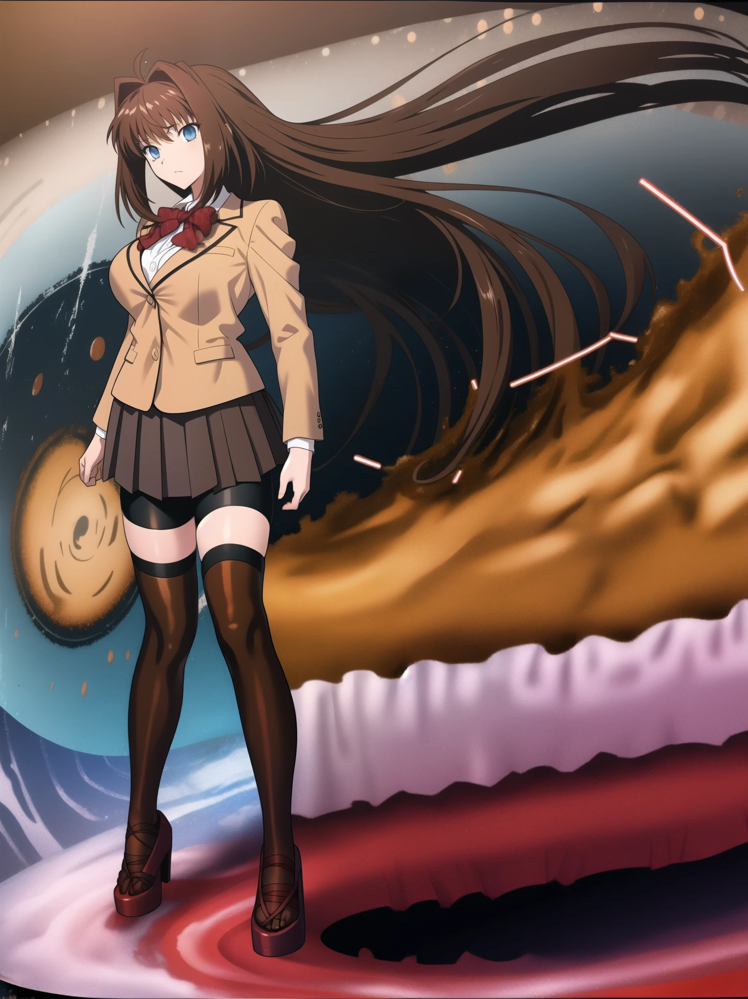 BREAK, centered. BREAK, (EMPTY BACKGROUND), BREAK (masterpiece:1), best quality, high resolution, 8k, illustration, (beautiful detailed eyes:1.5), extremely detailed face, extremely detailed body, CG, perfect hands, perfect anatomy, (((1girl))), ((solo)), ((bbaoko)), ((2 legs max)), ((2 feet max:1.6)), ((swirling vortex shaped longest brown hair:1.5)), (brown longest hair with slightly reddish undertone:1.6), (lush luscious longest brown hair:1.6), (very long voluminous longest brown hair:1.5), serious, blue eyes, red bowtie, (Form-fitting beige blazer:1.5), brown jacket, (highly detailed beautiful face:1.2), (white shirt:1), (well shaped large breasts:1.6), (nice hips:1), (((Umber pleated thigh-high skirt:1.6))), (((black bike shorts:1.4))), (toned thighs:1.6), (jetblack thighhighs:1.6), (strap shoes brown color), (facing front:1.5), ((standing straight:1.5)), ((Fullbody in frame:1.6)), ((Full body:1.5)), ((takeuchi takashi:1.3))