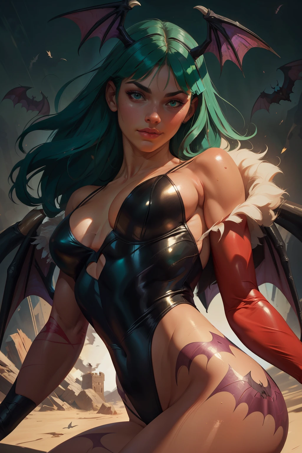 Realistic oil paint of Morrigan Aensland, hot Body, Dynamic sensual pose, soft smile, long green hair, ((Bat wings)), detailed skin Textures, intricate, detailed face, hyperrealistic, realistic light and shadows , cinematic lighting. Dark castle background.