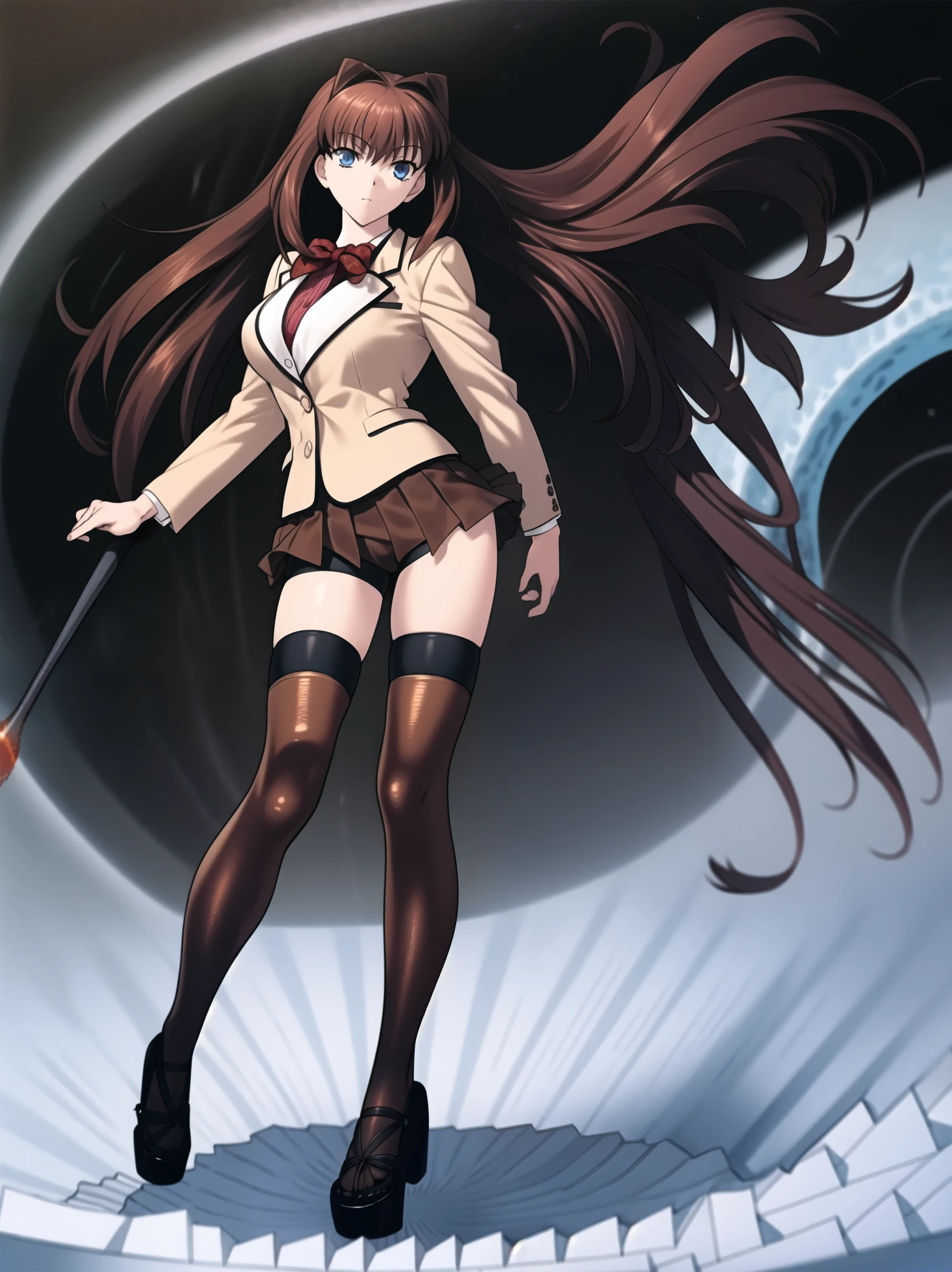 BREAK, centered. BREAK, (EMPTY BACKGROUND), BREAK (masterpiece:1), best quality, high resolution, 8k, illustration, (beautiful detailed eyes:1.5), extremely detailed face, extremely detailed body, CG, perfect hands, perfect anatomy, (((1girl))), ((solo)), ((bbaoko)), ((2 legs max)), ((2 feet max:1.6)), ((swirling vortex shaped longest brown hair:1.5)), (brown longest hair with slightly reddish undertone:1.6), (lush luscious longest brown hair:1.6), (very long voluminous longest brown hair:1.5), serious, blue eyes, red bowtie, (Form-fitting beige blazer:1.5), brown jacket, (highly detailed beautiful face:1.2), (white shirt:1), (well shaped large breasts:1.6), (nice hips:1), (((Umber pleated thigh-high skirt:1.6))), (((black bike shorts:1.4))), (toned thighs:1.6), (jetblack thighhighs:1.6), (strap shoes brown color), (facing front:1.5), ((standing straight:1.5)), ((Fullbody in frame:1.6)), ((Full body:1.5)), ((takeuchi takashi:1.3))
