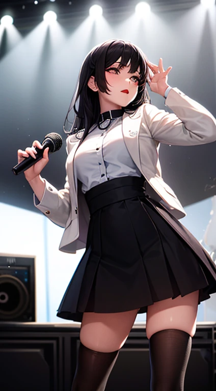 black hair, 1girl, beautiful face, beautiful eyes,long_hair, solo, jewelry, ancient art, front of dj concert , front of stage ,girl rapper artist , black skirt ,white denim jacket, wild haircut, redlipstick, mic hold ,, BREAK, wosile,wosile,wosile,wosile,wosile,wosile,wosile