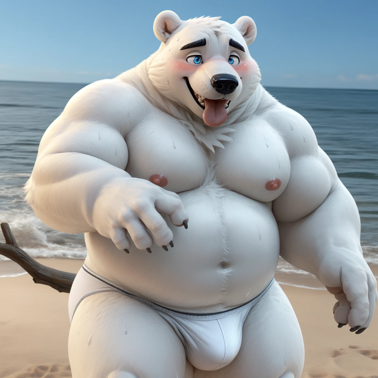 New Jersey 5 Furry,polar bear,Exquisite,topless,White briefs,Beach,sweat, blush.,Smile,Solitary,Chubby,Fat,Thick arms,Rugged muscles,White plush fur,Chubby脸,Black eyebrows,Sky blue eyes,Beard,high resolution, top quality, best quality,blush,eager,happy,Stick out your tongue,nipples,orgasm,(sweat,SFW)