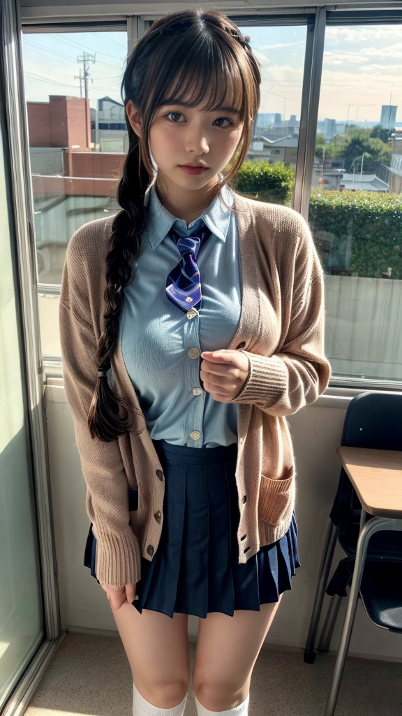 masterpiece, best quality, illustration, Super detailed, fine details, High resolution, 8K,wall paper, perfect dynamic composition,(Details High quality, realistic depiction of eyes:1.3), (long hair:1.8, twintails:1.4, twin braid:1.6, blond hair), ((light blue collared shirts, navy pleated mini skirt, socks, navy tie, light brown cardigan)), pink panties, (beautiful scenery), evening, school, classroom, curtains, walking, hands on chest, large breasts, Big Natural Color Lip, (perfect body shape), crying a little、cold gaze, Harajuku style、20 year old girl、cute type、ta、beautiful legs, Gravure Idol