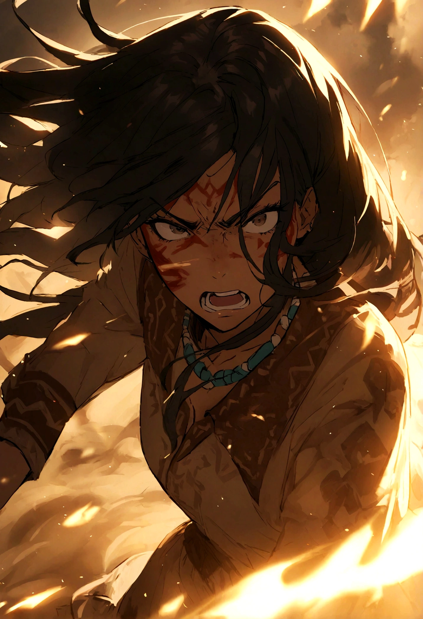 A Native American woman looking at a white man with an aggressive look. She shouts at him angrily. Her clothes are black/red. she has war paint on her face