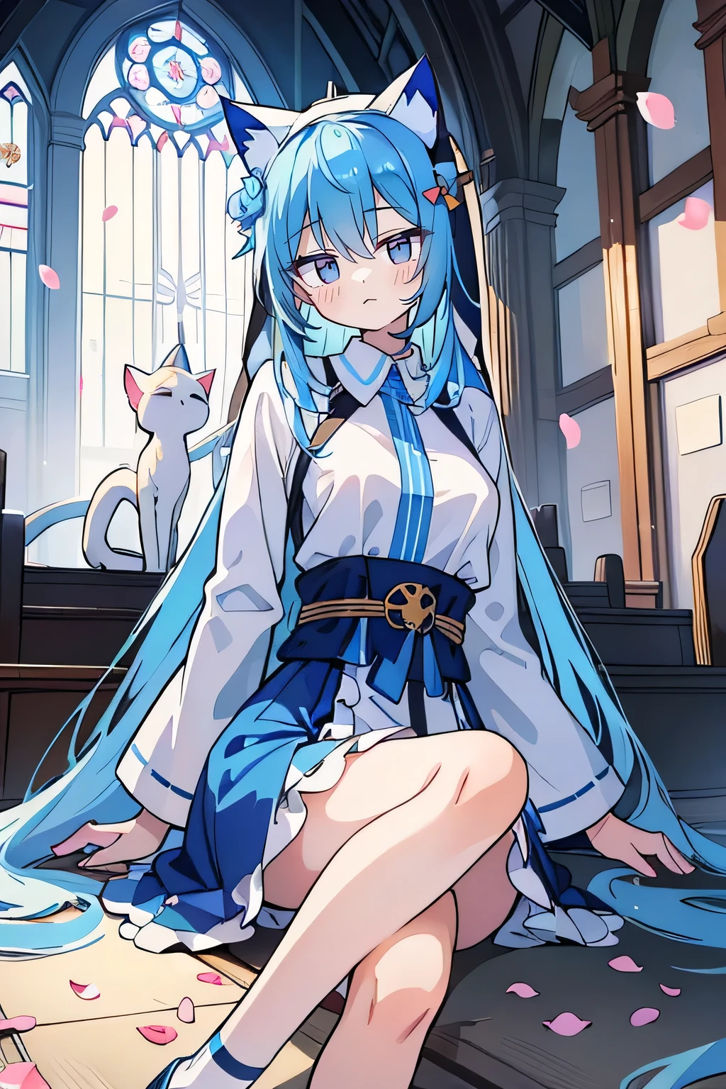 (masterpiece:1.2),Extremely detailed,Practical,expressive eyes,Fair skin,Perfect face shaping,1 Girl,
Japanese cartoons,Gorgeous blue hair, the long flowing blue hair,Floating clothes,Cat ears,Petals fall,beautiful lola,Young Angel,
Place your hands on your waist,sit elegantly on the ground,Cross your legs,Gentle and peaceful background,church,Nun's Clothes,back view,lie on the water.