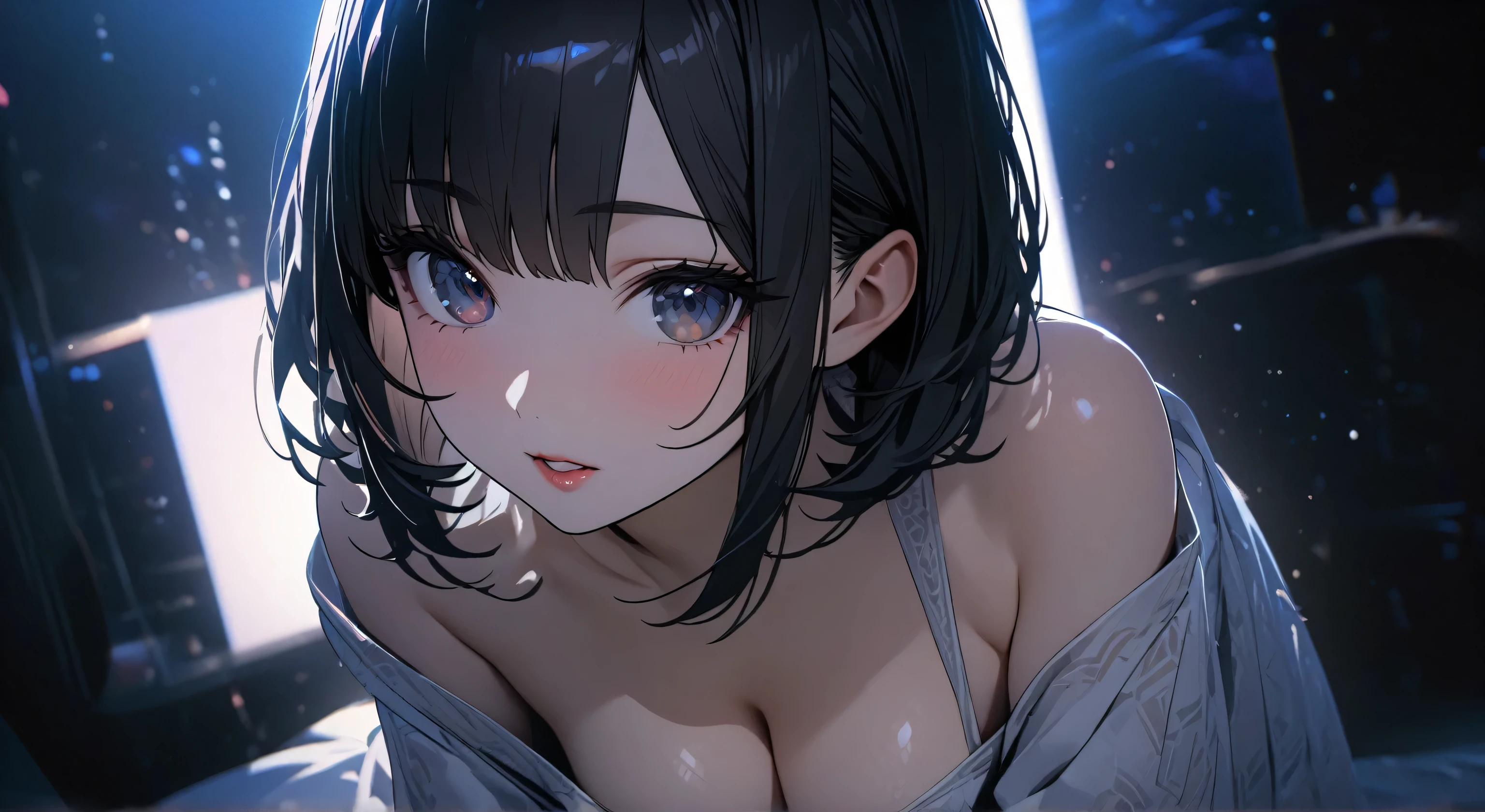 ((highest quality)), ((masterpiece)), (detailed), (Ultra HD、High resolution:1.3)、8k, (Cinema lighting)、((cowboy shot))、Close-up shot、Perfect Face、Detailed face、Detailed Eyes、(Black Hair、Bangs、Pixie Cut)、Detailed hair、One cute girl、(Off-the-shoulder shirt、Gorgeous pattern)、Seductive lips、Cleavage、Long eyelashes、Fine skin、Leaning forward、Night Coast