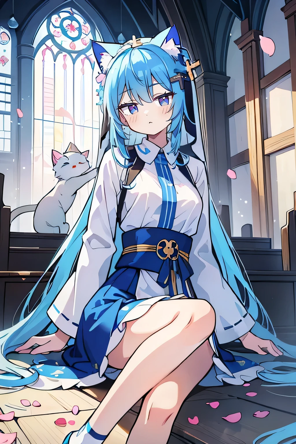 (masterpiece:1.2),Extremely detailed,Practical,expressive eyes,Fair skin,Perfect face shaping,1 Girl,
Japanese cartoons,Gorgeous blue hair, the long flowing blue hair,Floating clothes,Cat ears,Petals fall,beautiful lola,Young Angel,
Place your hands on your waist,sit elegantly on the ground,Cross your legs,Gentle and peaceful background,church,Nun's Clothes,back view,lie on the water,Large Breasts, H Cup, Good breasts, Place your hands on your waist,beautiful, Gorgeous,Japanese cartoons,girl,Lola,Hina Angel, Blue Hair, Blue Haired,Tent breasts, tent box, tent chest, Floating clothes,Grab your waist, Grab your waist, Hands on Hips , hands on hips,sit, sit on ground, Legs on the ground.