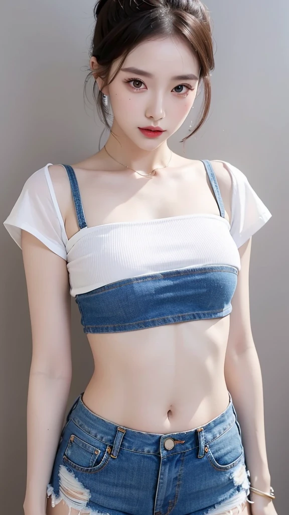a close up of a woman in a white shirt and denim shorts, wearing a sexy cropped top, wearing crop top, wearing tight shirt, gorgeous chinese model, wearing a cute top, wearing a tanktop, her belly button is exposed, tight shirt, tight outfit, sexy body, intriguing outfit, sexy girl, crop shirt and strong abs, crop top