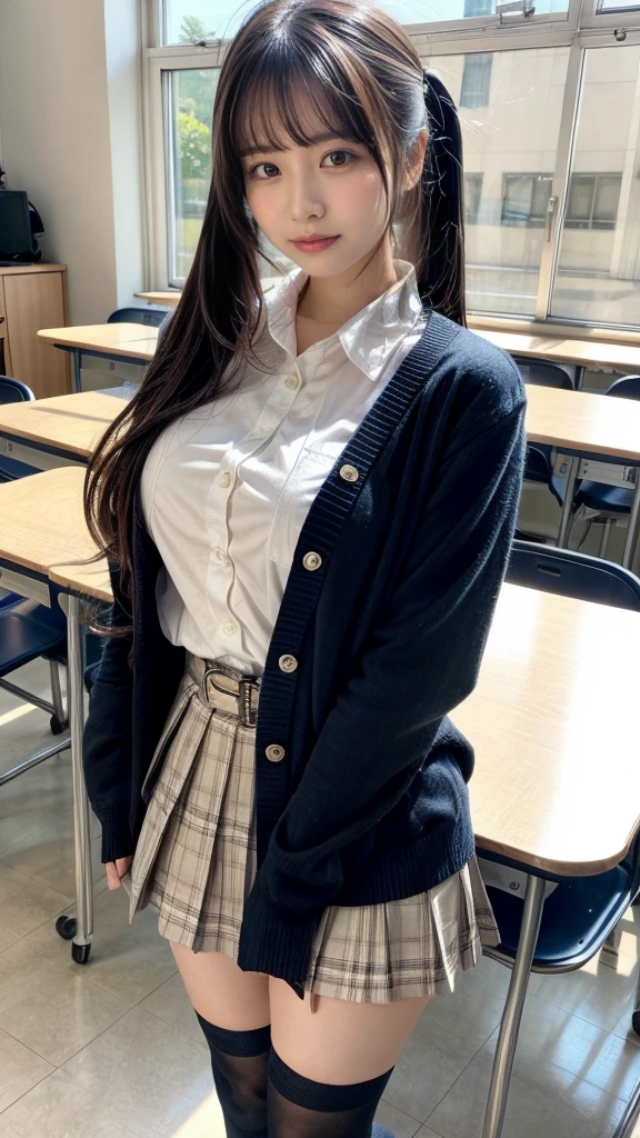 masterpiece, best quality, illustration, Super detailed, fine details, High resolution, 8K,wall paper, perfect dynamic composition,(Details High quality, realistic depiction of eyes:1.3), High School Classroom、High school girl uniform、Cardigan、Super Short Check Uniform Skirt、Navy blue high socks、garterbelts、Colossal tits、Disturbed uniform、low ponytail, black hair color, Big Natural Color Lip, bold sexy pose, (perfect body shape), crying a little、 Harajuku style、20 year old girl、cute type, beautiful legs, hposing Gravure Idol