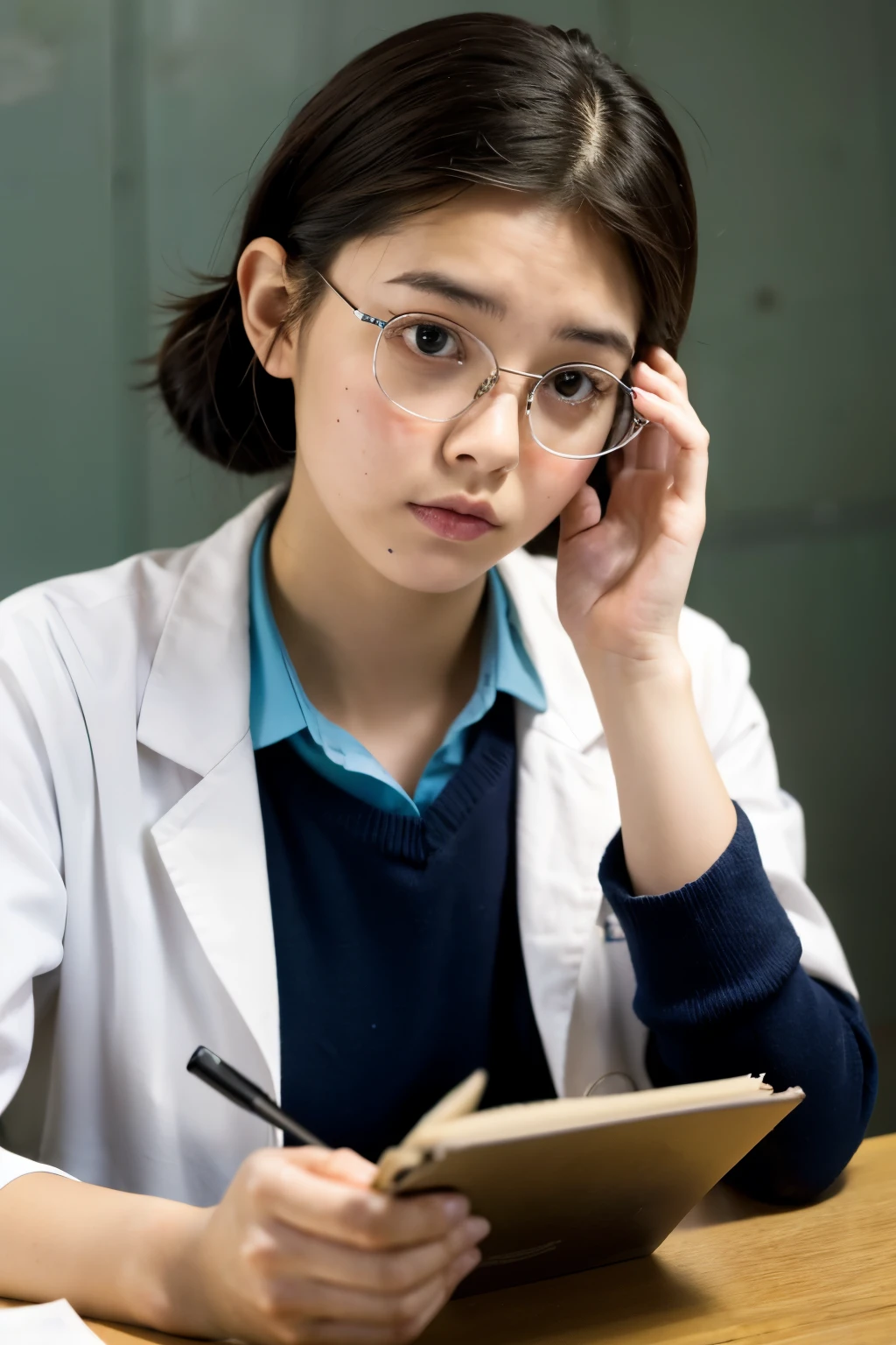 a sad girl wearing spectacles learning medicine in a prison