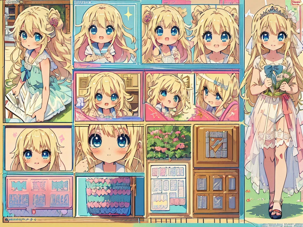 (Anime:1.8), megami magazine, (masterpiece, top quality:1.4), Not Safe for Work, detailed skin, detailed face, 1girl, idol, cute face, , -yoblue eyes, droopy eyes, big eyes:1.5, laughing, red blush, (blonde-yellow hair), long hair, (shiny wavy hair), white wedding gown swimsuit, see through sarong, knee-highs, high heels, tiara, Bride Veil, cute, babyinkle in the eye, (Design sheet:1.3), (multi-angle and detailed view:1.3),