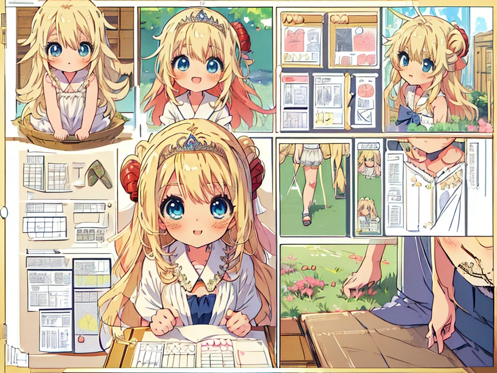 (Anime:1.8), megami magazine, (masterpiece, top quality:1.4), Not Safe for Work, detailed skin, detailed face, 1girl, idol, cute face, , -yoblue eyes, droopy eyes, big eyes:1.5, laughing, red blush, (blonde-yellow hair), long hair, (shiny wavy hair), white wedding gown swimsuit, see through sarong, knee-highs, high heels, tiara, Bride Veil, cute, babyinkle in the eye, (Design sheet:1.3), (multi-angle and detailed view:1.3),