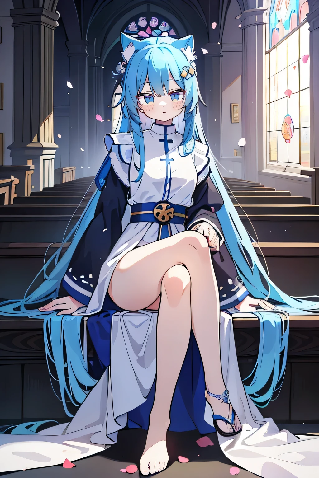 (masterpiece:1.2),Extremely detailed,Practical,expressive eyes,Fair skin,Perfect face shaping,1 Girl,
Japanese cartoons,Gorgeous blue hair, the long flowing blue hair,Floating clothes,Cat ears,Petals fall,beautiful lola,Young Angel,
Place your hands on your waist,sit elegantly on the ground,Cross your legs,Gentle and peaceful background,church,Nun&#39;s Clothes,back view,lie on the water,Large Breasts, H Cup, Good breasts, Place your hands on your waist,beautiful, Gorgeous,Japanese cartoons,girl,Lola,Hina Angel, Blue Hair, Blue Haired,Tent breasts, tent box, tent chest, Floating clothes,Grab your waist, Grab your waist, Hands on Hips , hands on hips,sit, sit on ground, Legs on the ground. 