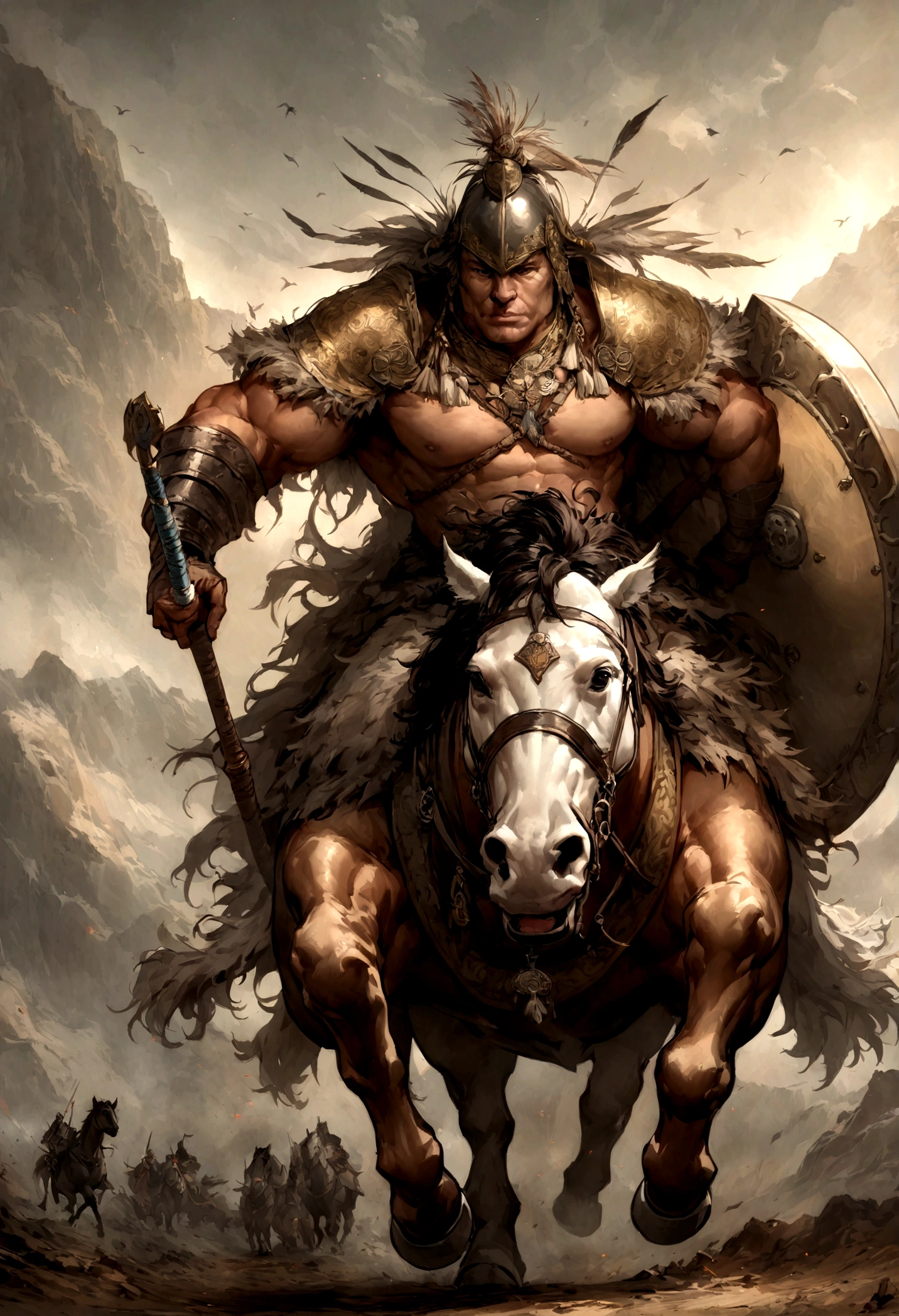 General Kraus, Wearing leather armor、Leather protectors,Holding a Mongolian scimitar, Highly detailed characters, Mongolian man with high cheekbones,Clear and refined face,Mongolian Cavalry,The generals of the Ming Dynasty had white tassels or feathers on their helmets,Norse epic hero, Muscular man with war god tattoo, Riding on horseback, Portrait photography style,Light, (Extremely detailed CG 8k wallpaper), The most beautiful works of art in the world - full body photos, original皮甲, Mongolian small shield,Human Portrait, hunter, Animal hides,brutal,original, macho man, Ed Blinkey (Ed Blinkey) Magnificent professional oil paintings created, Artie Guerlain, Studio Ghibli, Courtesy of Jeremy Mann, Greg Manches, Antonio Moro, Art Station Trends, Social Trends, Wheels within wheels, High Detail, sharp focus, Dramatic and realistic art by Midjourney and Greg Rutkowski, Horse has armor,Charge and Slash