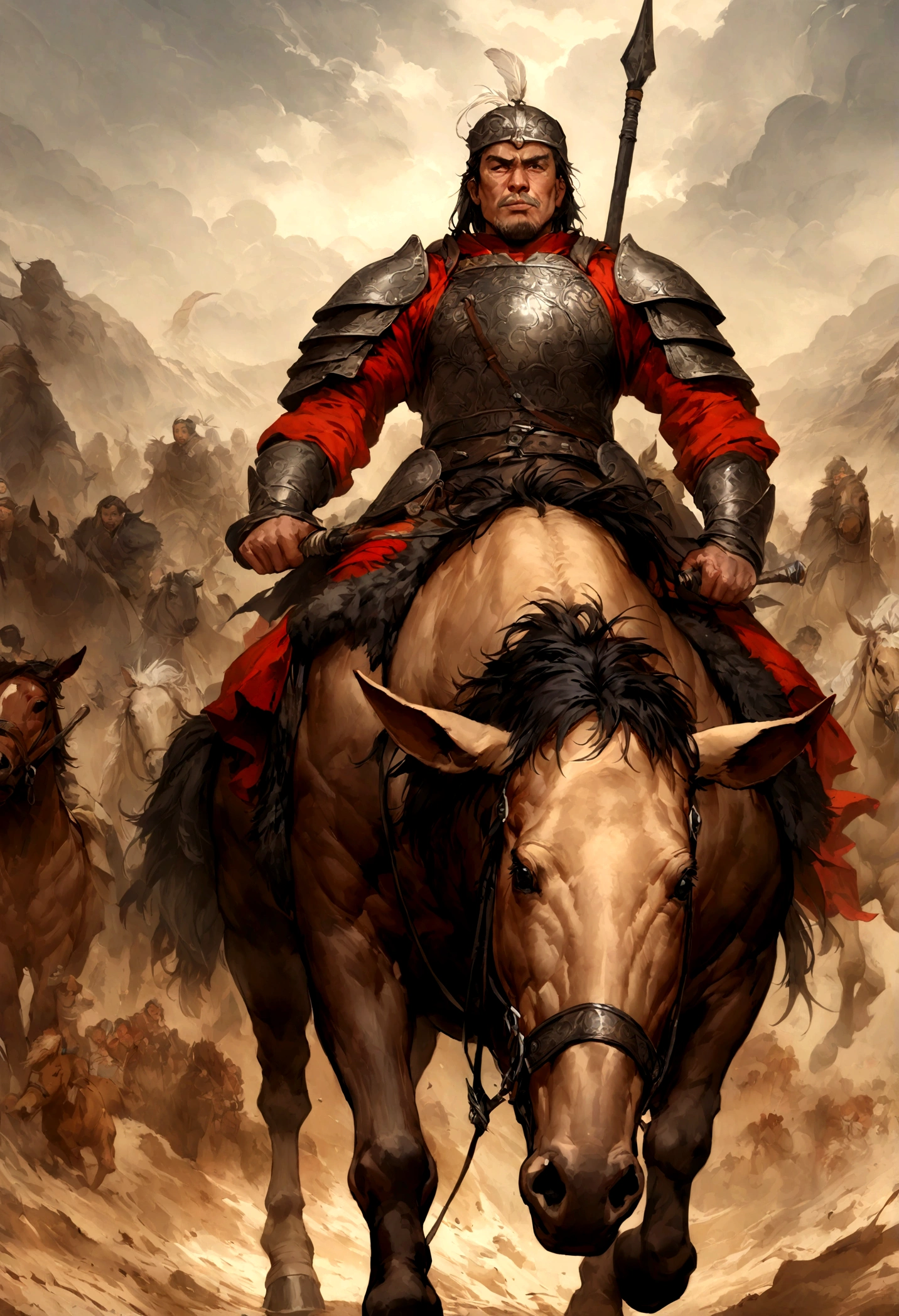 General Kraus, Wearing leather armor、Leather protectors,Holding a Mongolian scimitar, Highly detailed characters, Mongolian man with high cheekbones,Clear and refined face,Mongolian Cavalry,The generals of the Ming Dynasty had white tassels or feathers on their helmets,Norse epic hero, Muscular man with war god tattoo, Riding on horseback, Portrait photography style,Light, (Extremely detailed CG 8k wallpaper), The most beautiful works of art in the world - full body photos, original皮甲, Mongolian small shield,Human Portrait, hunter, Animal hides,brutal,original, macho man, Ed Blinkey (Ed Blinkey) Magnificent professional oil paintings created, Artie Guerlain, Studio Ghibli, Courtesy of Jeremy Mann, Greg Manches, Antonio Moro, Art Station Trends, Social Trends, Wheels within wheels, High Detail, sharp focus, Dramatic and realistic art by Midjourney and Greg Rutkowski, Horse has armor,Charge and Slash