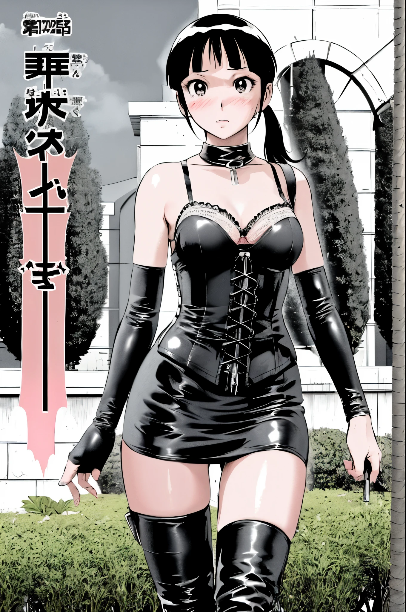 、(((Lori:1.4)))、(((low length:1.4)))、(((Child body type:1.4)))、(((5 heads)))、BDSM、Queen、mistress、(((One girl)))、solo、(((Long gloves covered to the fingertips in black latex:1.4 )))、(((Black latex corset dress:1.4)))、(((The corset dress is decorated with beautiful lace.)))、(((Corset dress with shoulder straps)))、(((Black latex tight mini skirt:1.4)))、(((Black Thigh Boots)))、(((Black fishnet stockings:1.2 )))、(((Stiletto heel boots:1.4)))、(((Black latex panties)))、(((Black latex bra)))、(((Black leather collar)))、(((Sexy pose:1.4 )))、Wide-open legs:1.2、(((Erotic)))、(((Cowboy Shot)))、(((garden)))、(((blue sky)))、Show Viewer, 
Black Hair,(Tied Hair,Blunt bangs:1.2), Small breasts, (highest quality:1.3),One Girl,lipstick、Low Ponytail、eyeliner / Mascara Eyeshadow、bad woman、Lame、hair ornaments, Show Viewer, High heels,sadistic、Taunt、Devilish Laugh、Frowning、Full body image、Long legs、Black Micro Mini Dress、black tights、Anatomically perfect body、Two perfect anatomical hands、Two perfect anatomical legs、Detailed face、Detailed eyes、 (highest quality:1.3),Big and ample breasts 、(blush:1.4)、(Embarrassing:1.2)、