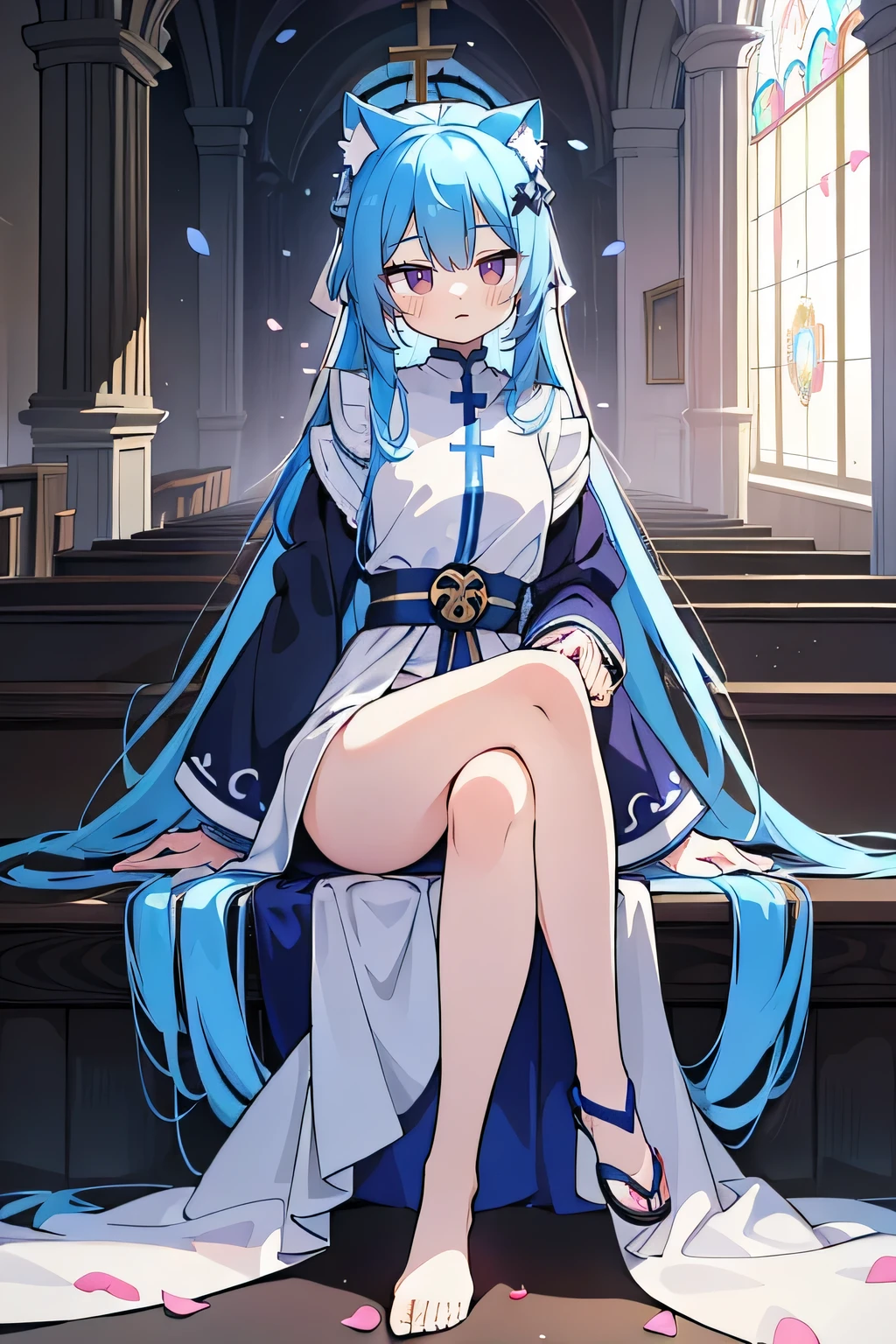 (masterpiece:1.2),Extremely detailed,Practical,expressive eyes,Fair skin,Perfect face shaping,1 Girl,
Japanese cartoons,Gorgeous blue hair, the long flowing blue hair,Floating clothes,Cat ears,Petals fall,beautiful lola,Young Angel,
Place your hands on your waist,sit elegantly on the ground,Cross your legs,Gentle and peaceful background,church,Nun&#39;s Clothes,back view,lie on the water,Large Breasts, H Cup, Good breasts, Place your hands on your waist,beautiful, Gorgeous,Japanese cartoons,girl,Lola,Hina Angel, Blue Hair, Blue Haired,Tent breasts, tent box, tent chest, Floating clothes,Grab your waist, Grab your waist, Hands on Hips , hands on hips,sit, sit on ground, Legs on the ground. 